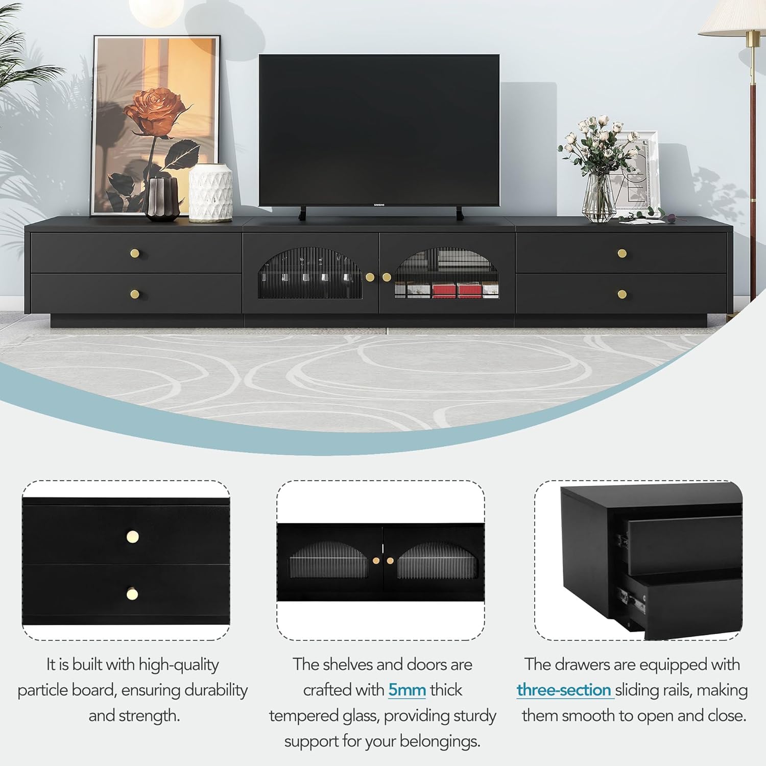 Voohek Lujoso soporte de perfil bajo con 2 puertas de vidrio estriado, centro de entretenimiento con 4 cajones, mesa consola multimedia para
