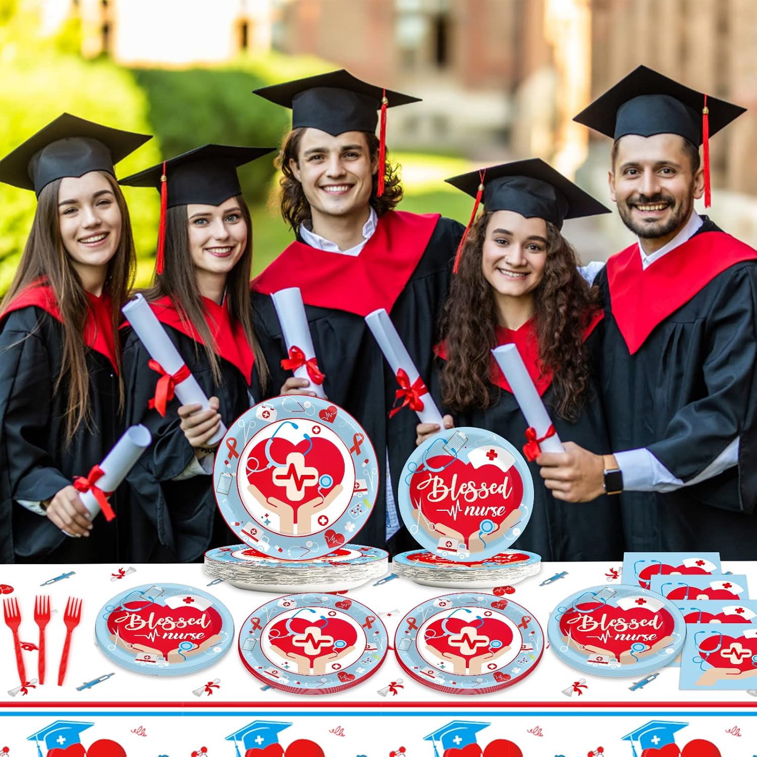 Decoraciones de fiesta de graduación de enfermera, médico, suministros de fiesta de graduación de enfermería, juego de vajilla para 24 invitados,