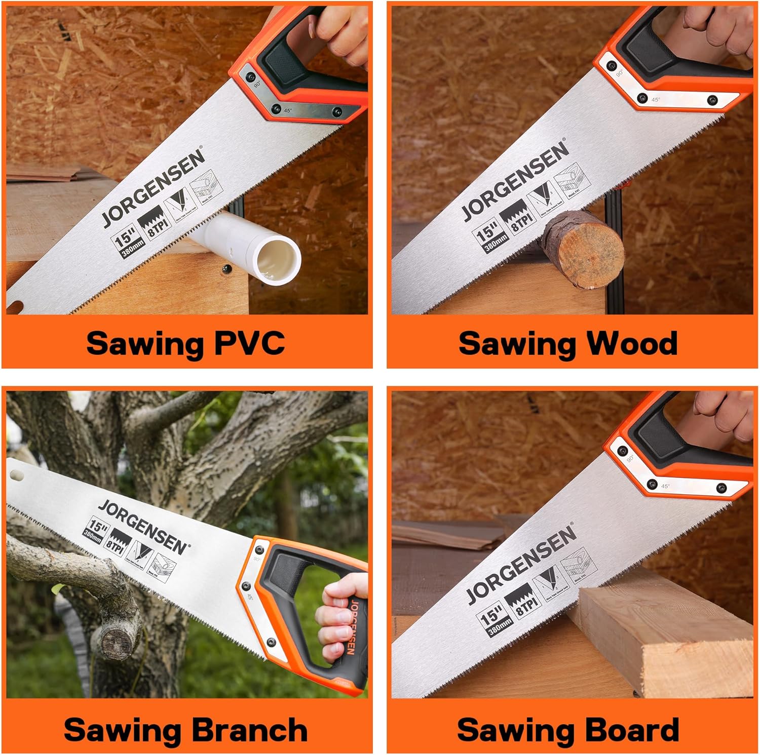 JORGENSEN – Sierra de mano profesional de 15 pulgadas, 8 TPI de corte fino ergonómico antideslizante de aluminio mango de soldadura ultrasónica para