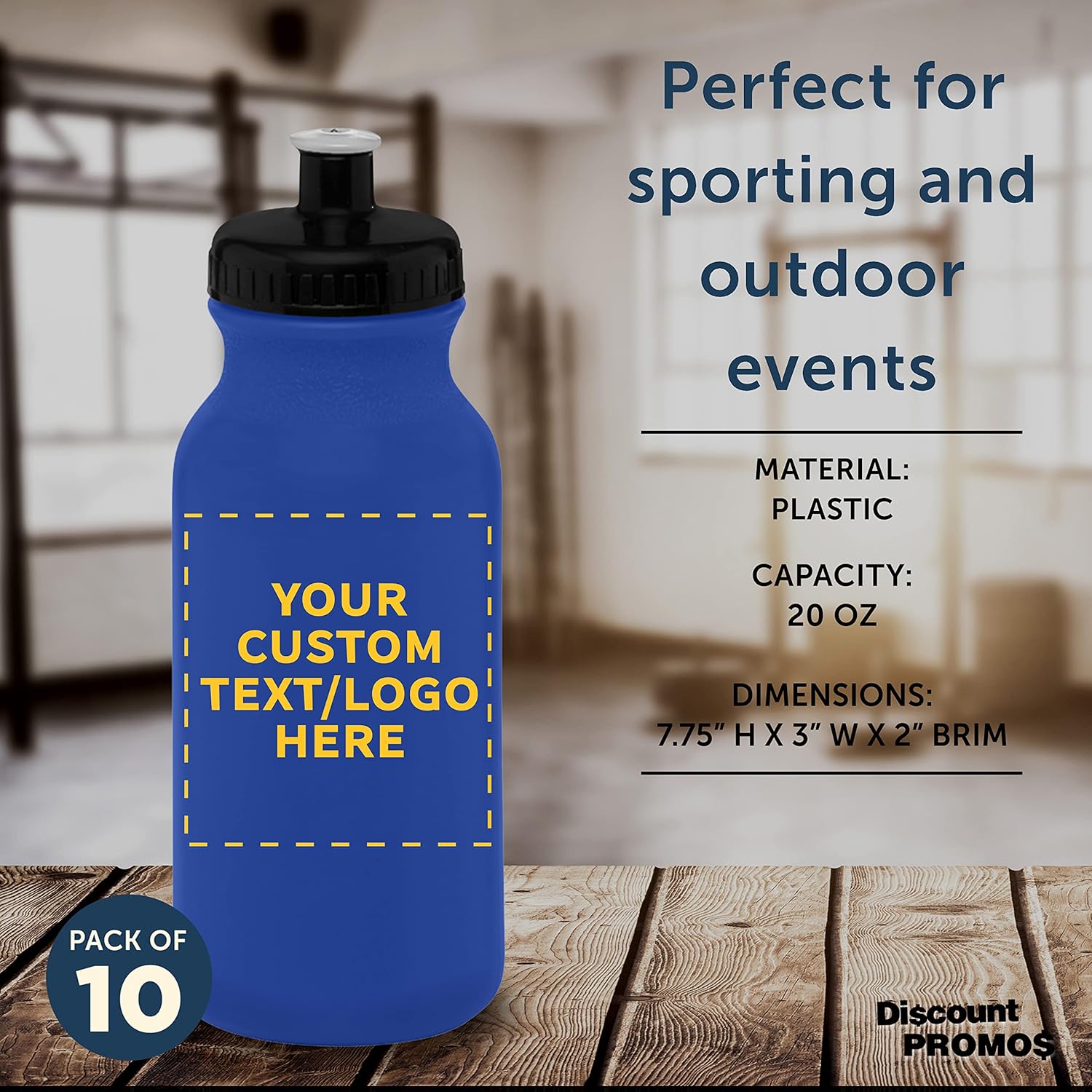 DISCOUNT PROMOS Juego de 10 botellas de agua personalizadas de 20 onzas con tapa a presión, paquete personalizado a granel, perfectas para gimnasio,