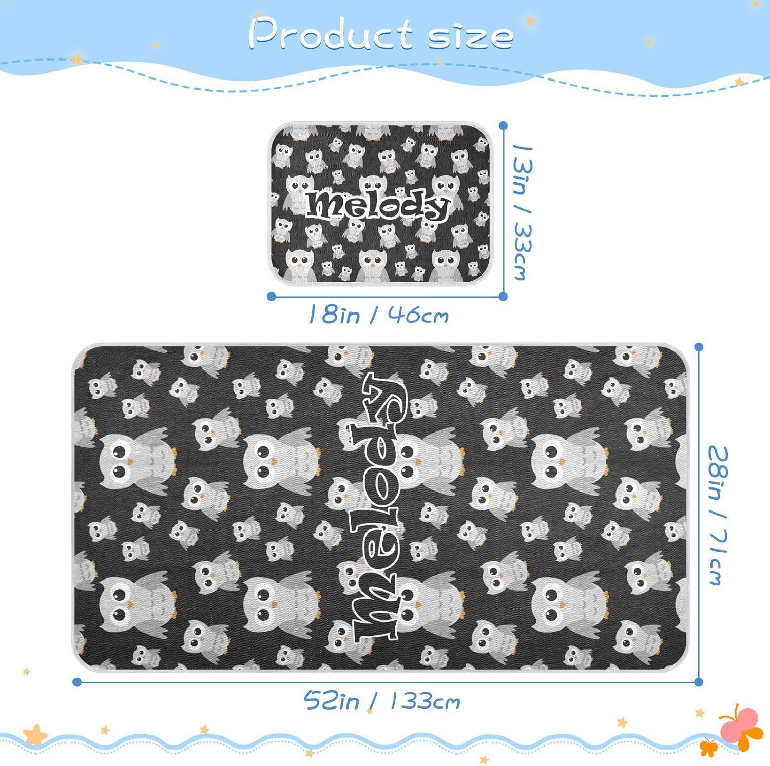 Custom Gray Owls Black Crib Mattress Protector Pad for Boys Girls Baby Ice Silk Mat Bed Pack and Play Sheets Cooling Mattress Topper for Toddler