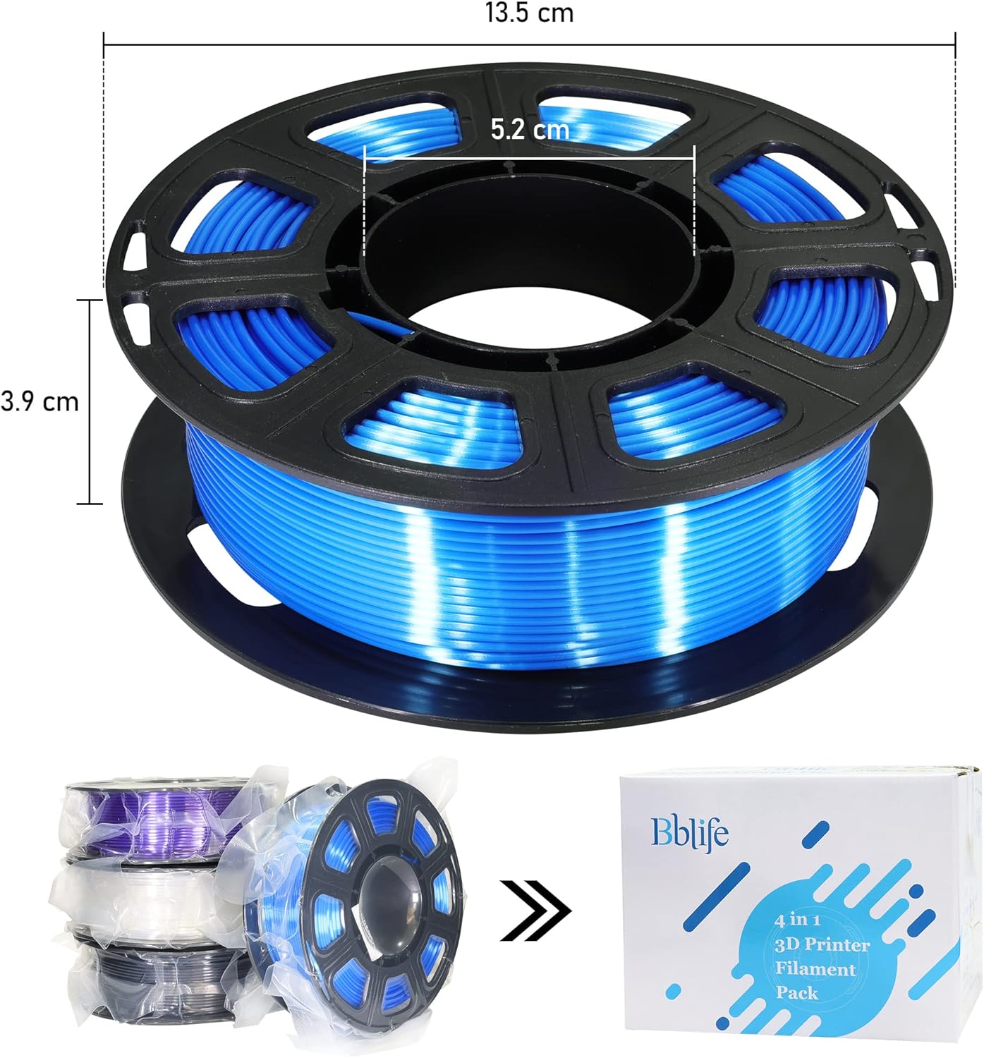 BBLIFE Paquete de filamentos 3D de PLA de seda 4 en 1 de 0.069 in brillo de seda negropúrpurablancoazul, cada carrete 8.82 oz, 4 carretes
