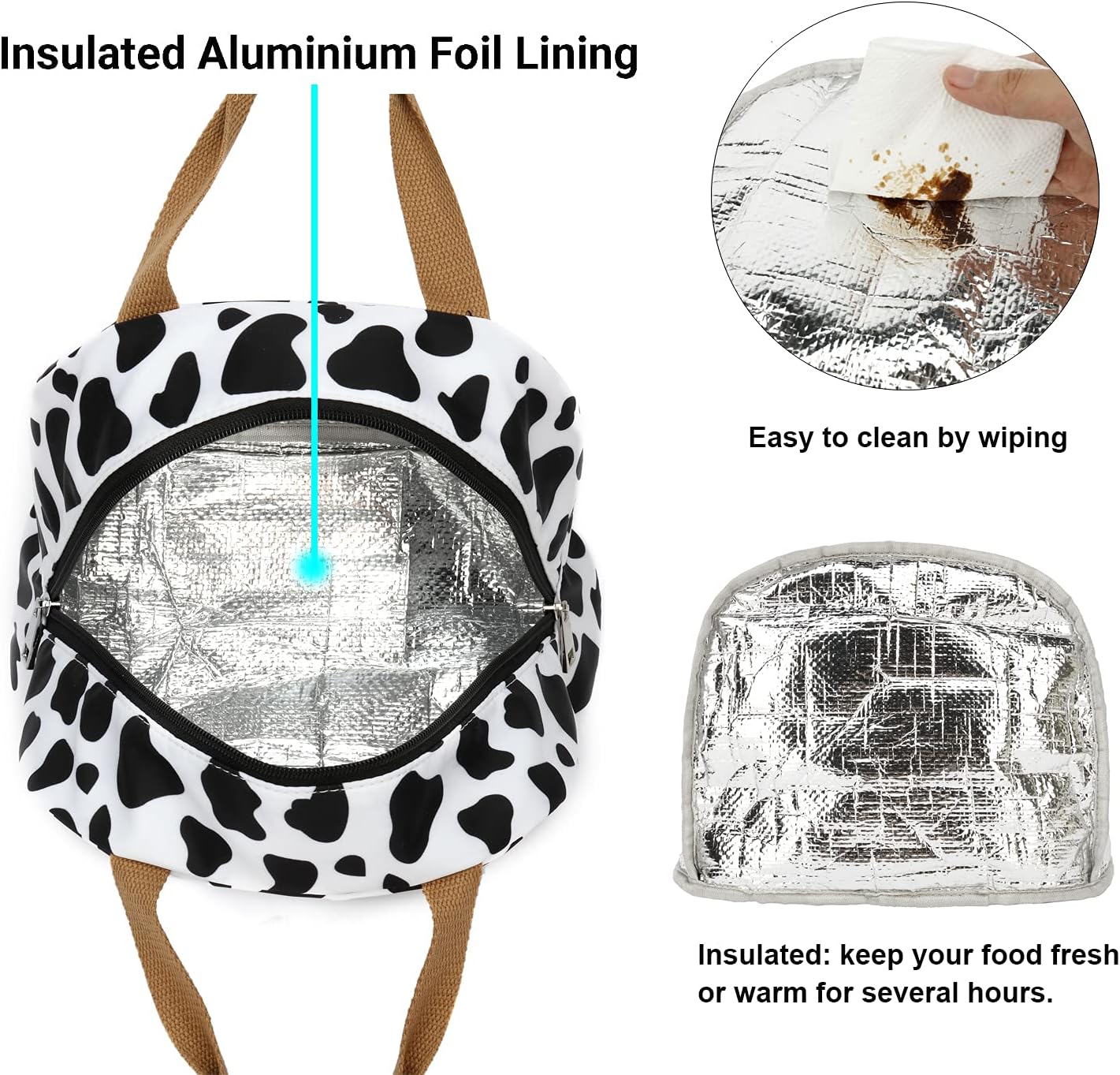 Bolsa de almuerzo con estampado de vaca para mujeres y niñas, bolsas de picnic reutilizables con aislamiento para adultos y niños, trabajo, escuela,