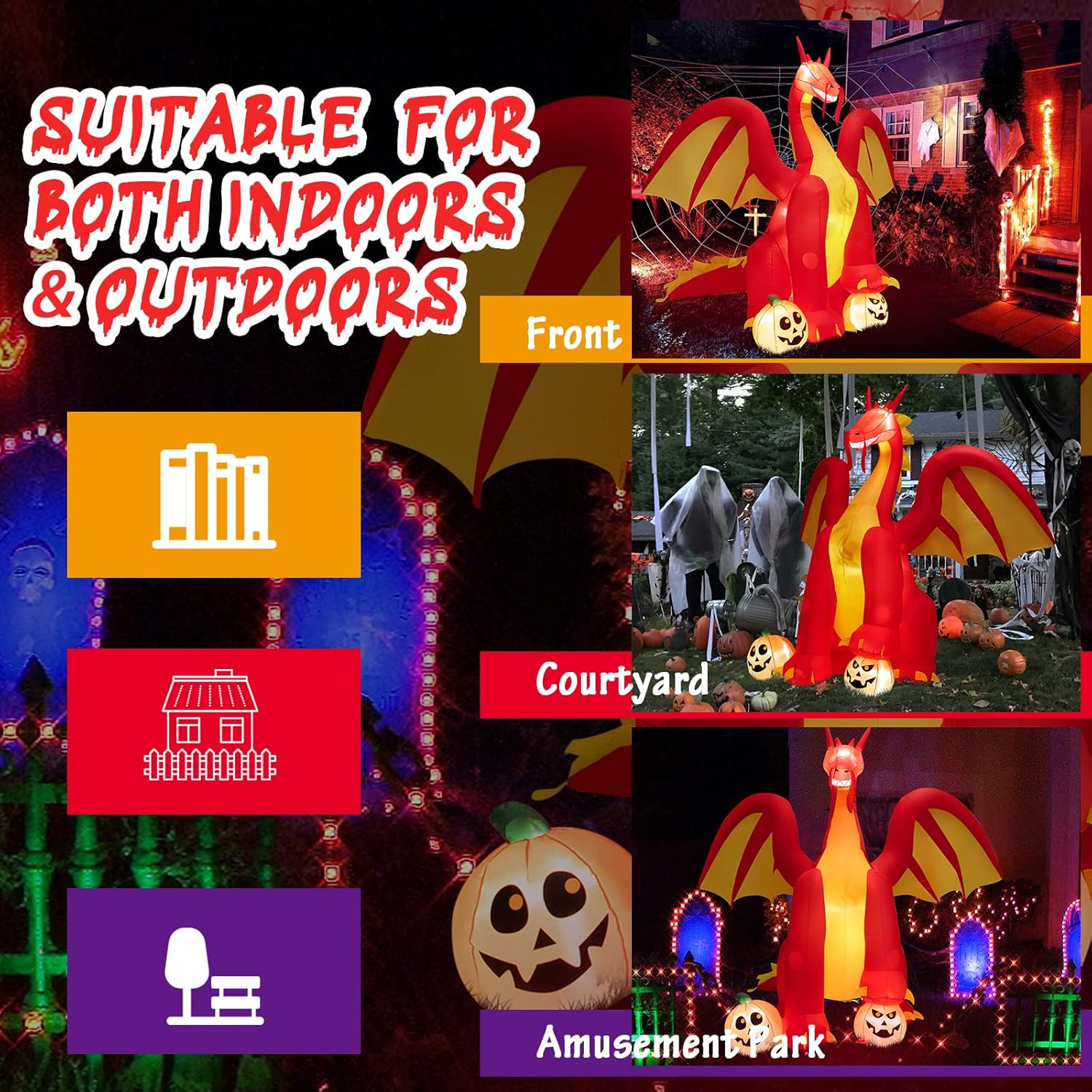 COSTWAY Dragón de fuego animado gigante inflable de 10 pies para decoración de Halloween al aire libre con luces
