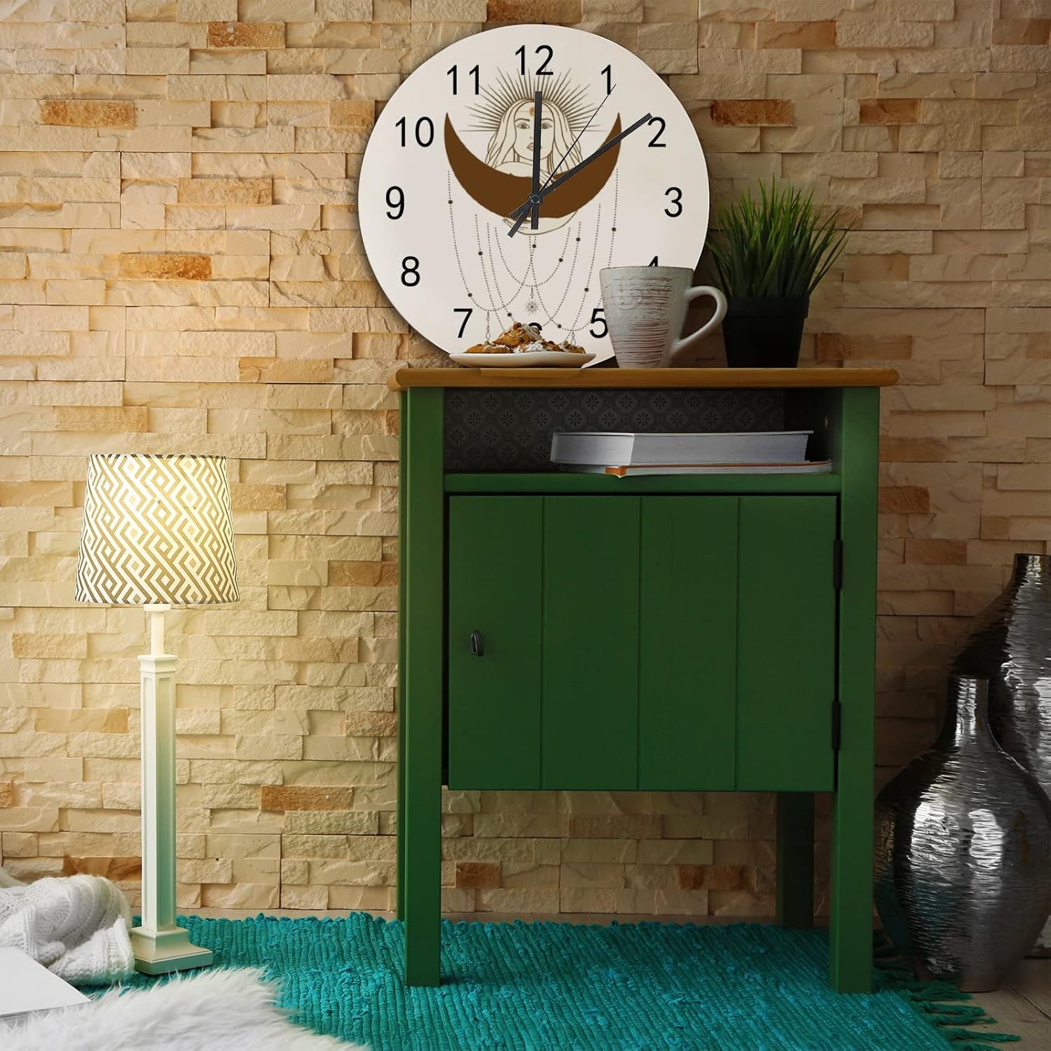 Reloj de pared de madera con pilas, silencioso, sin tictac, dibujado a mano, mujer mística, sol, luna, estrella, reloj redondo y preciso, sala de