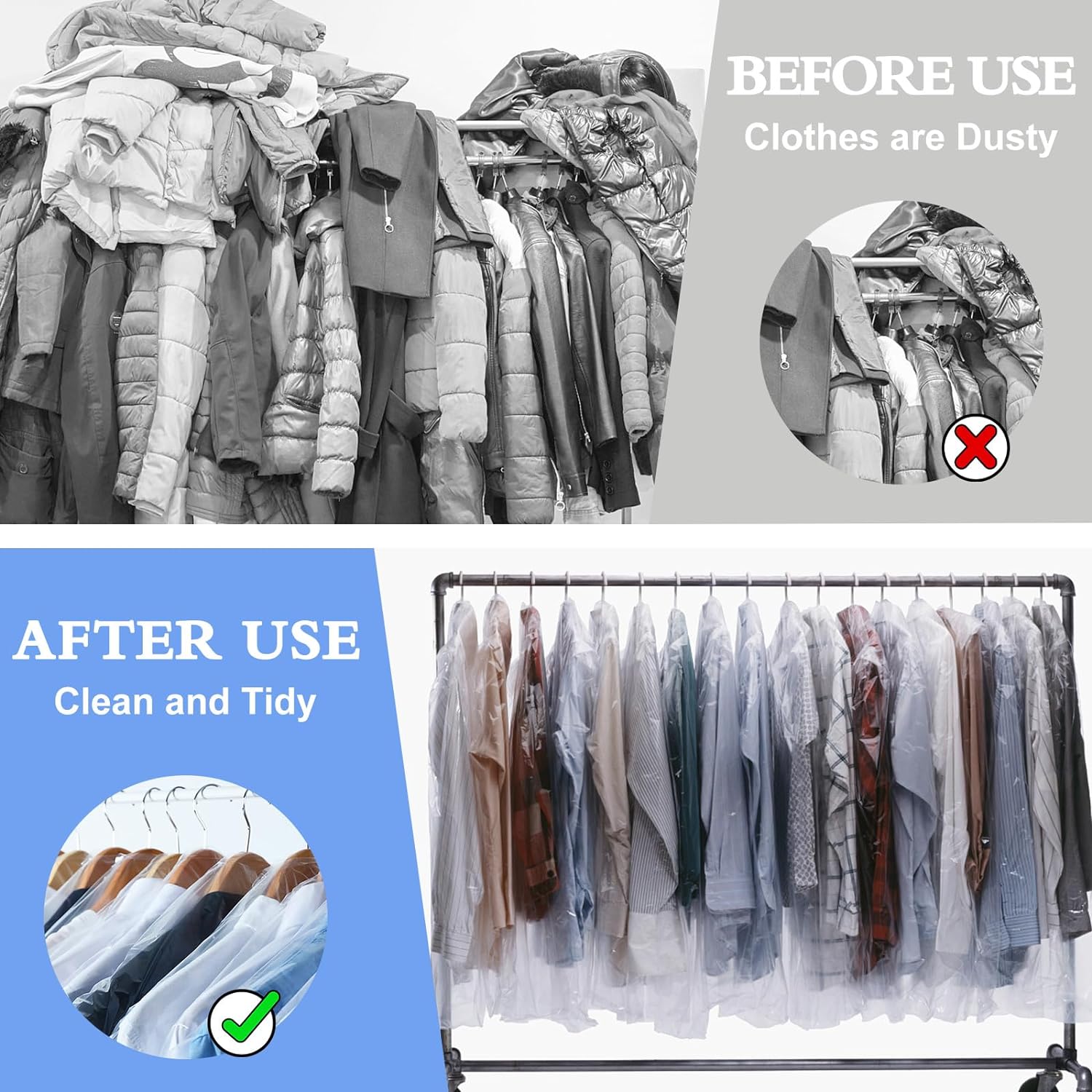 Paquete de 100 bolsas de plástico para colgar ropa, bolsas duraderas para tintorería, fundas transparentes a prueba de polvo para tintorería,