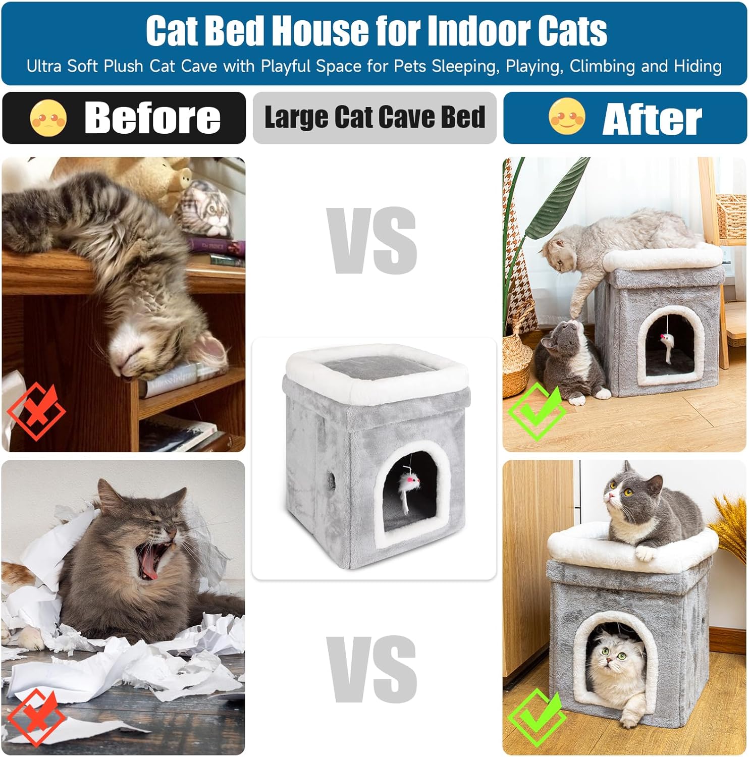 Cama para gatos de interior, cama grande cubierta para gatos, otomana grande cubierta para gatos, para mascotas, dormir, jugar, escalar y