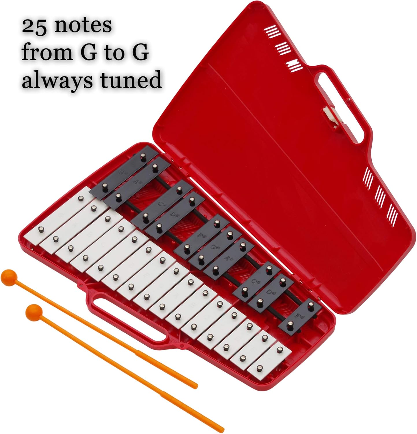 Xylophone 25 Note Chromatic Glockenspiel en una caja de plástico roja – Juegos de tarjetas con 23 canciones codificadas por letras