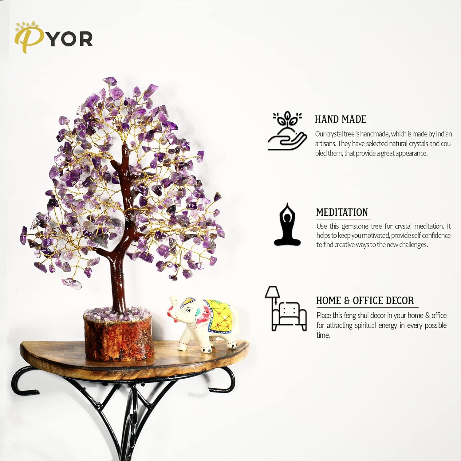 PYOR Cristales de amatista, árbol artificial, árboles de dinero, cristales y piedras, decoración de escritorio para mujer, decoración de Feng Shui,