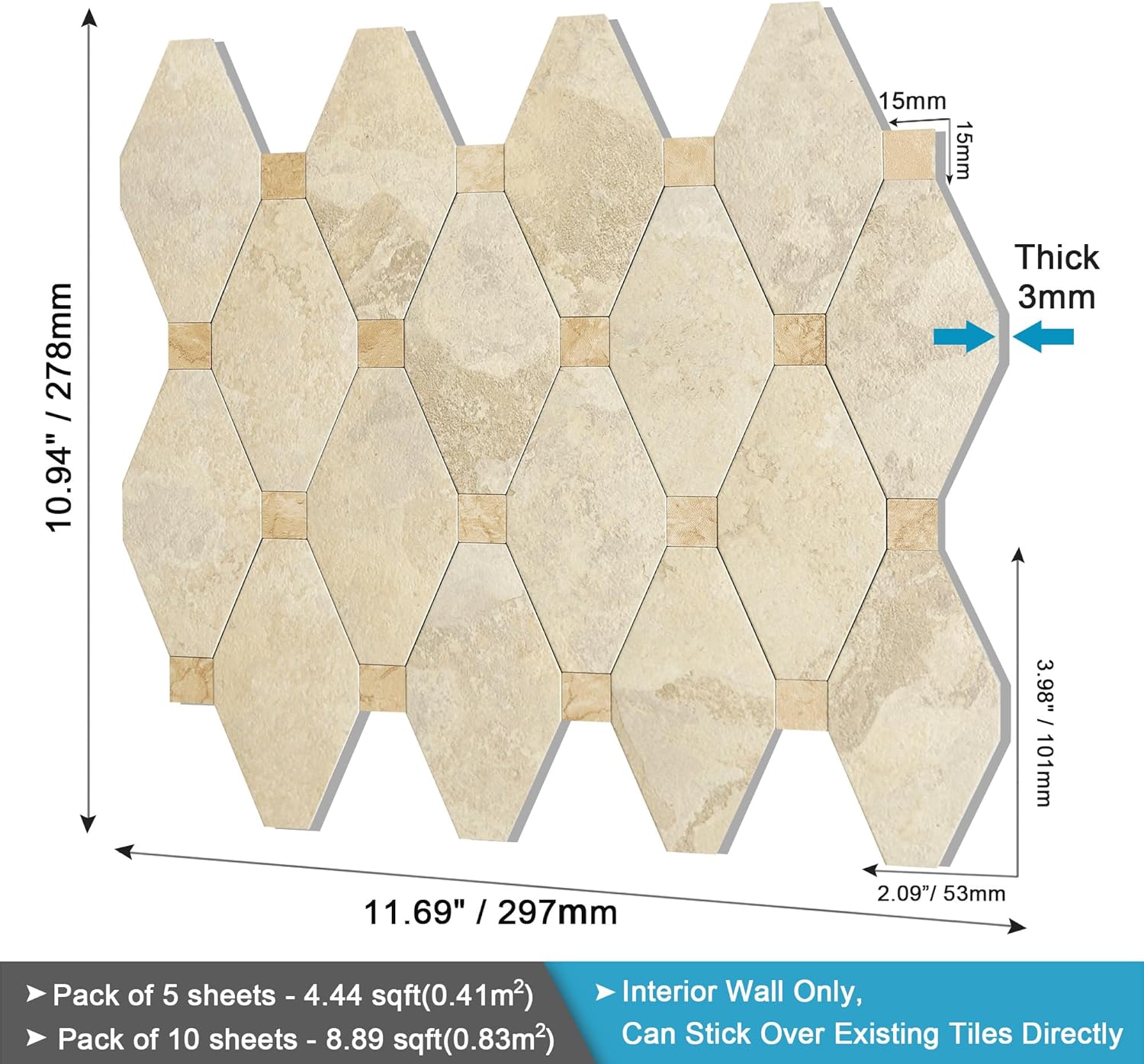 BeNice Azulejos hexagonales de mármol para cocina, azulejos de mármol hexagonales para baño (10 unidades, beige rústico)
