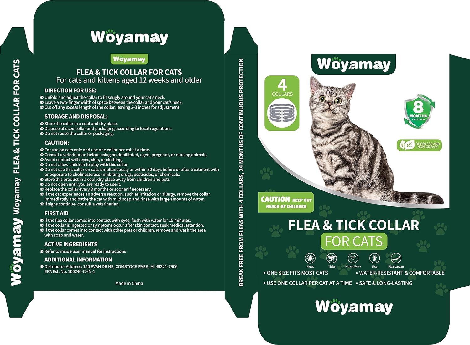 Paquete de 4 collares antipulgas para gatos, tratamiento de pulgas y garrapatas de gato, protección de 8 meses para prevención de pulgas y