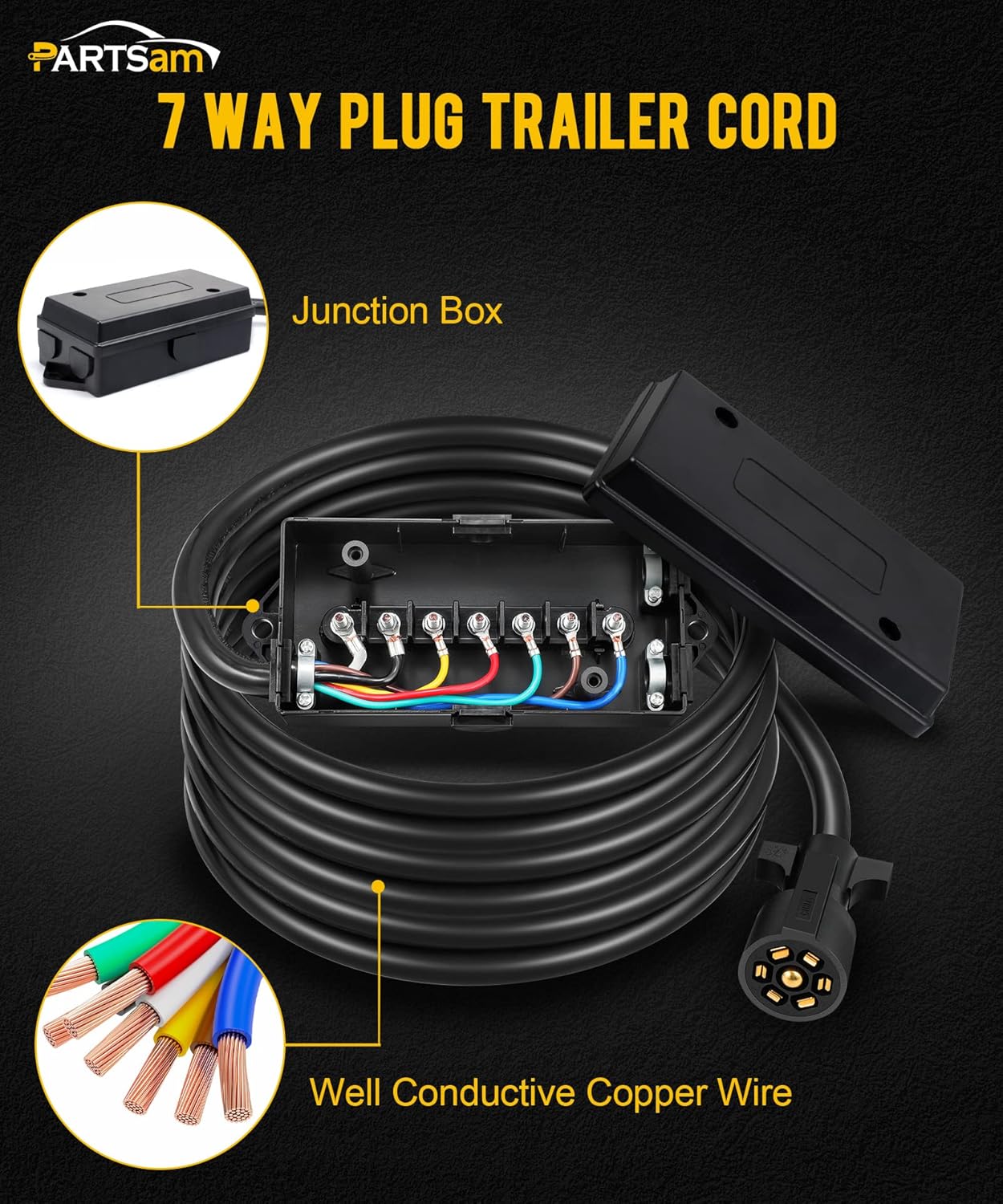Partsam Luces LED sumergibles de bajo perfil rectangular de 12 V, cable de remolque de 7 vías con caja de conexiones de 7 bandas, para cámper,