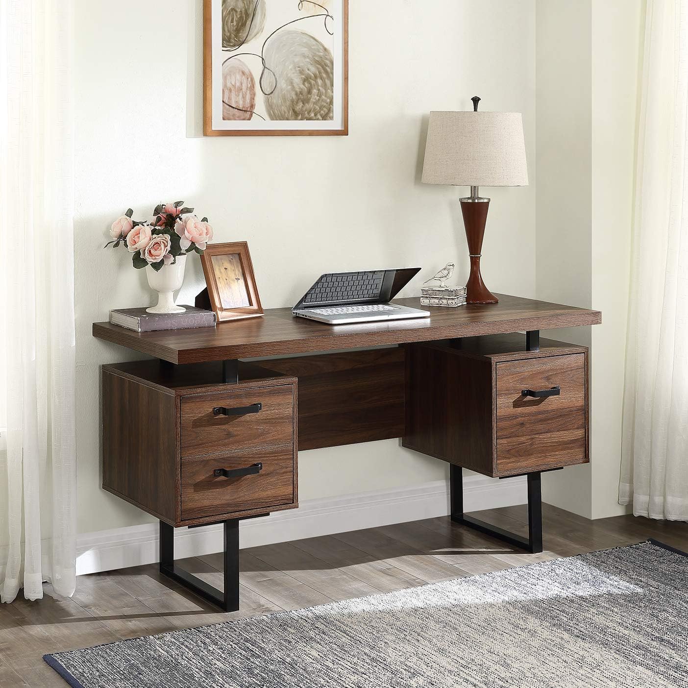 Escritorio de computadora de oficina en casa de 59 pulgadas con 3 cajones, mesa de estudio de escritura de madera con cajones colgantes de tamaño