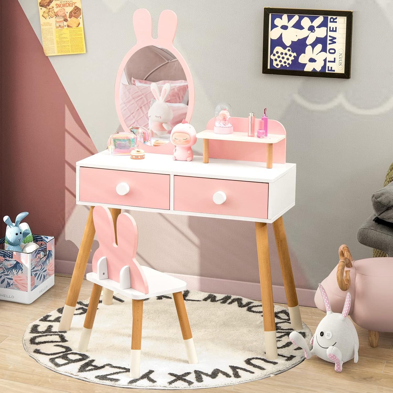 Costzon Juego de tocador para niños, juego de tocador para niñas con espejo y taburete, 2 cajones grandes, estante de almacenamiento, tocador de