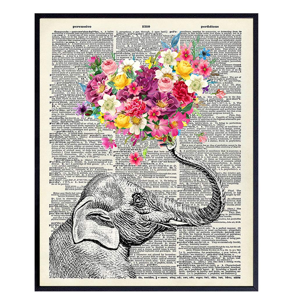 Elephant Dictionary Art Print – 8×10 Sweet Shabby Chic Poster for Home, Wall, Room Decor, Decoration, Bedroom, Bathroom – Cool, Unique Romantic Gift