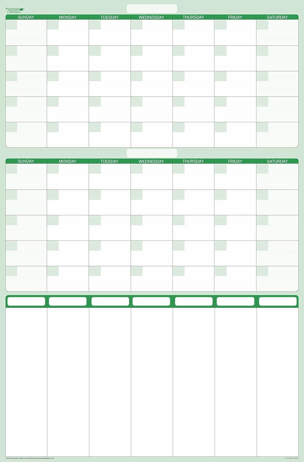 Earth Green – Calendario de pared grande borrable de 36 pulgadas de alto x 24 pulgadas de ancho para 60 días con 7 columnas, organizador de 7