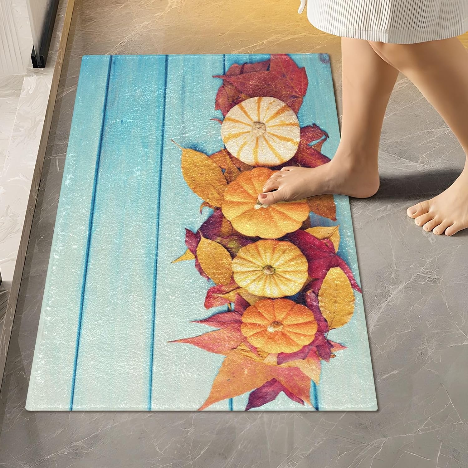 Bathroom Rugs Sets 2 Piece 24×16+24×20 Inch,Soft U-Shaped Contour Toilet Rug Pumpkin Maple Leaf Non-Slip Absorbent Bath Floor Mat Carpet Set Water