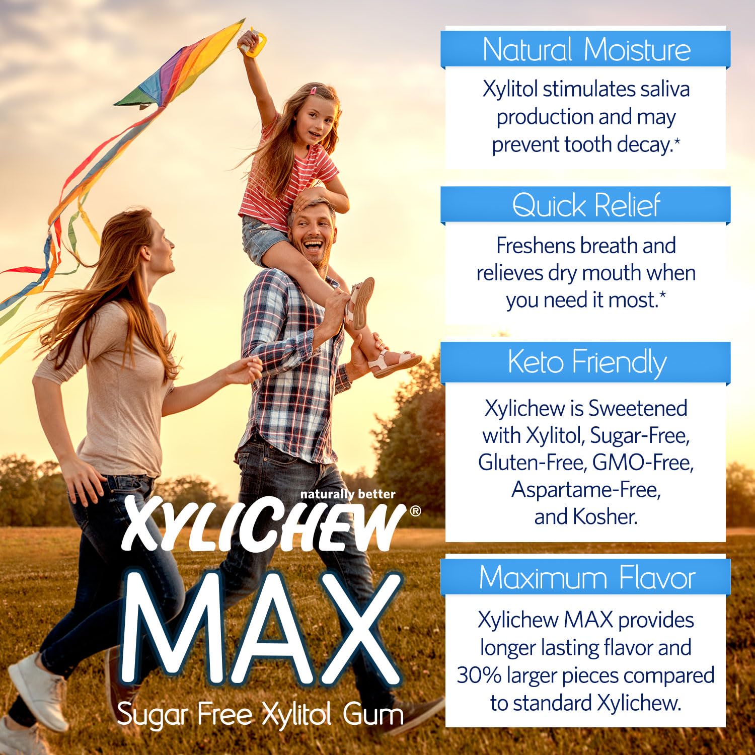 Xylichew MAX – Goma de mascar con xilitol, sin OMG, sin aspartamo, sin gluten, sin azúcar, con stevia y fruta del monje, cuidado bucal natural,