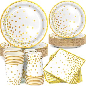 Suministros de fiesta de papel blanco y dorado, 200 platos de papel blanco, servilletas y tazas, platos de papel de aluminio con borde dorado de Suministros de fiesta de papel blanco y dorado, 200 platos de papel blanco, servilletas y tazas, platos de papel de aluminio con borde dorado de