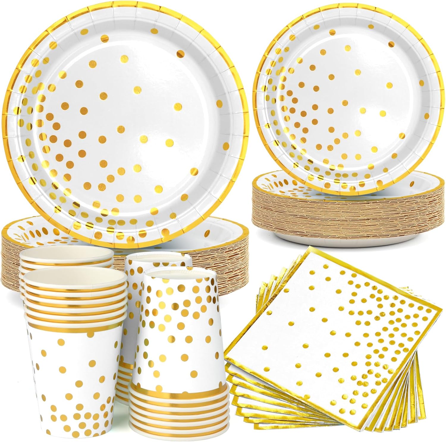 Suministros de fiesta de papel blanco y dorado, 200 platos de papel blanco, servilletas y tazas, platos de papel de aluminio con borde dorado de