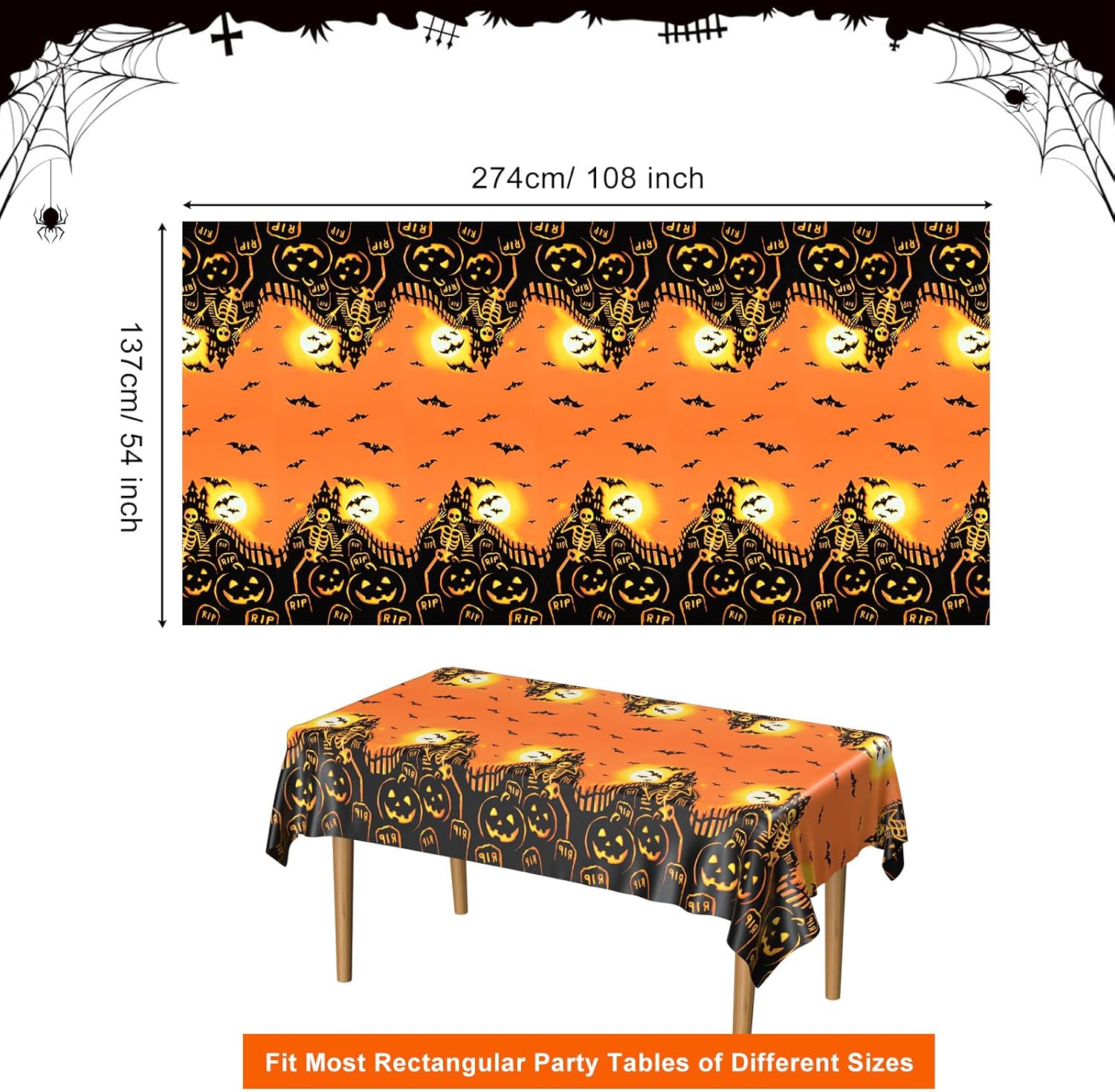 PLULON Mantel de Halloween de 54 x 108 pulgadas, diseño de calabaza, murciélago, esqueleto, calavera, mantel de plástico para decoración de mesa de