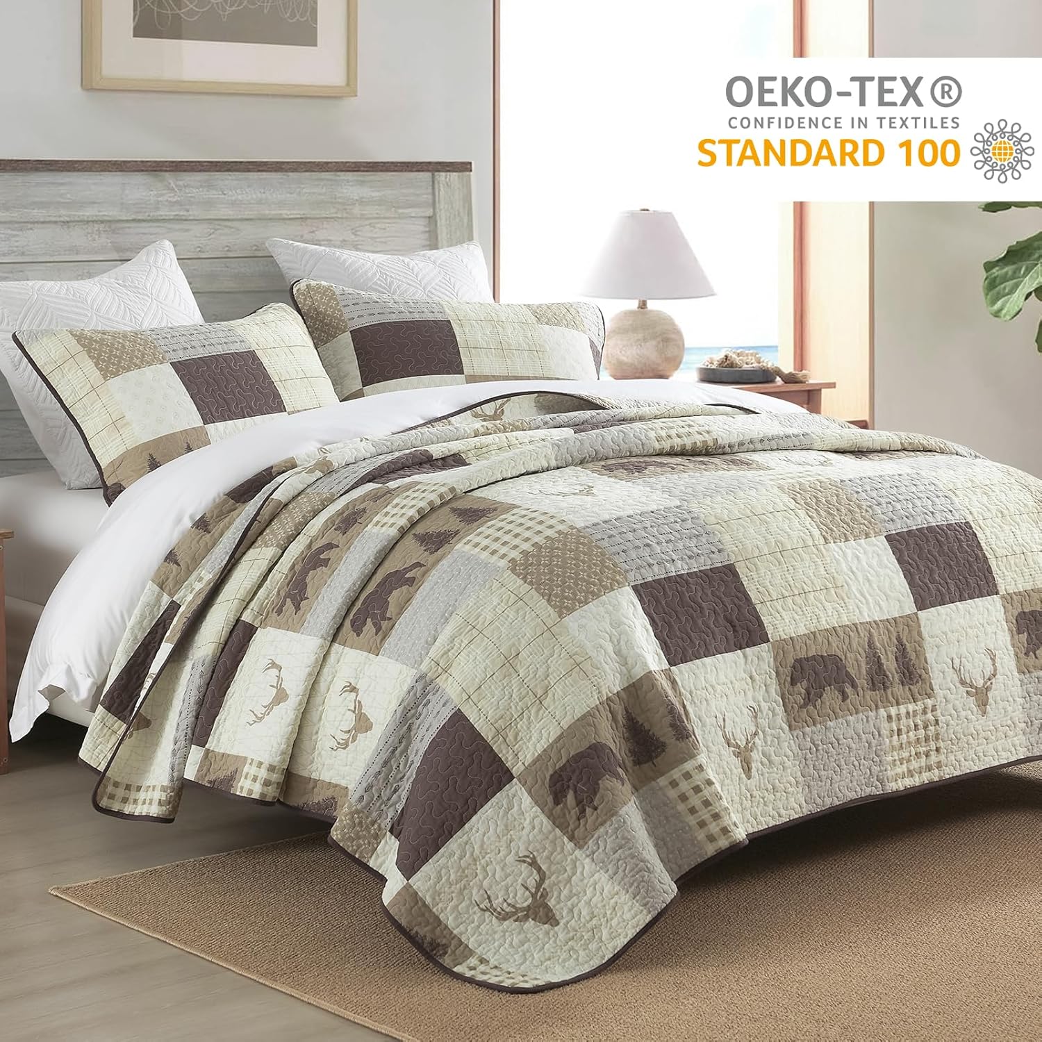 PERHOM Juego de edredón tamaño King  Juego de ropa de cama reversible de 100% algodón, diseño de mosaico marrón, bosque, oso, ciervo, retazos, con 2
