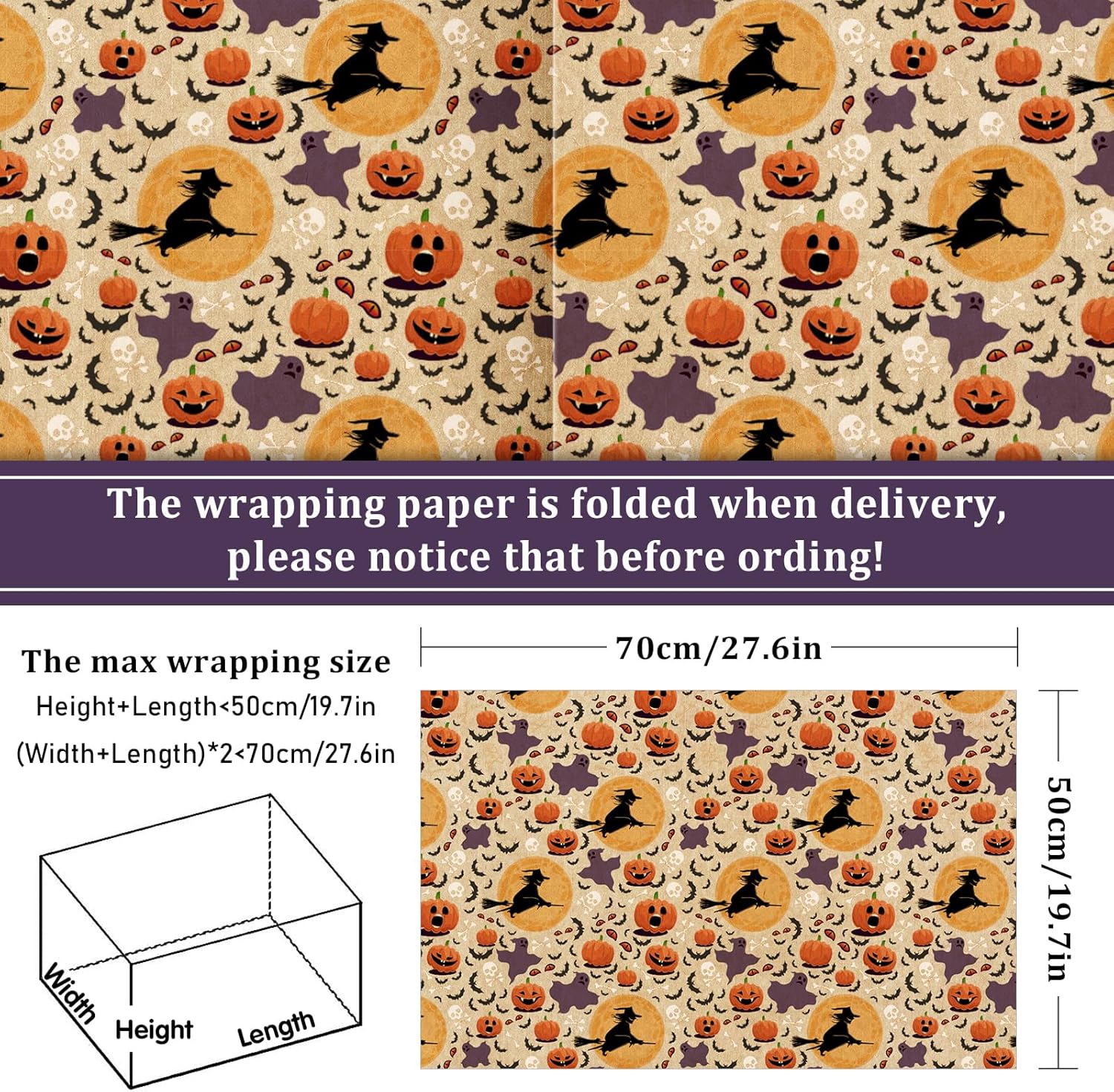 Whaline 12 hojas de papel de estraza para Halloween, otoño, calabaza, fantasma, bruja, hoja de arce, 6 diseños, cosecha de otoño, papel de regalo