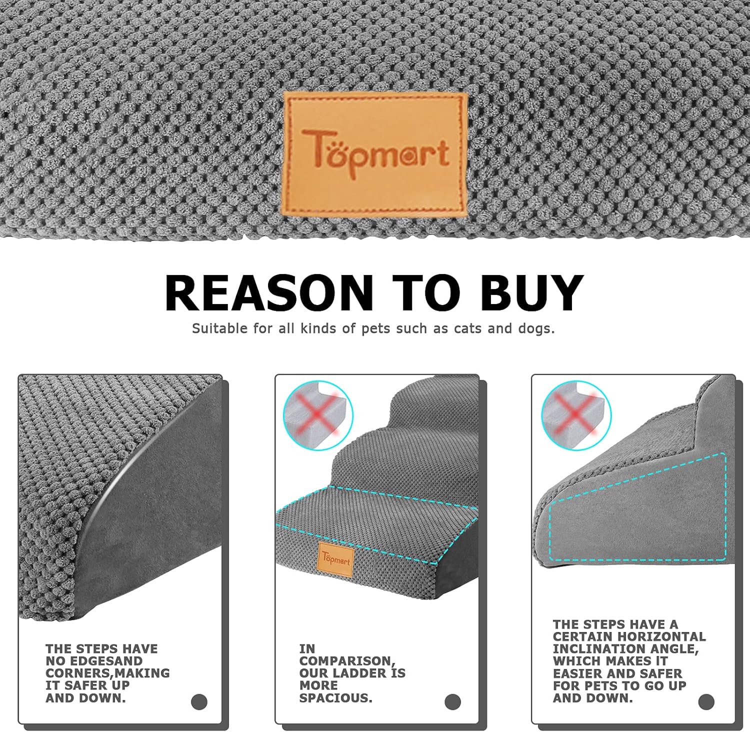 Topmart Escalones de espuma de alta densidad para perros de 4 niveles, peldaños profundos extra anchos, escaleras antideslizantes para mascotas,