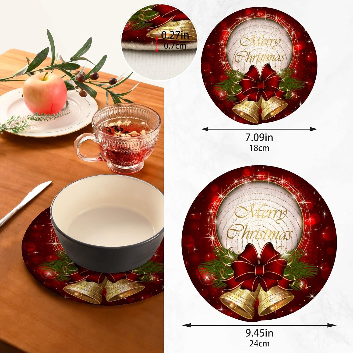 Juego de salvamanteles de campana de Navidad, almohadillas para cocina, resistentes al calor, feliz año nuevo, salvamanteles decorativos para platos