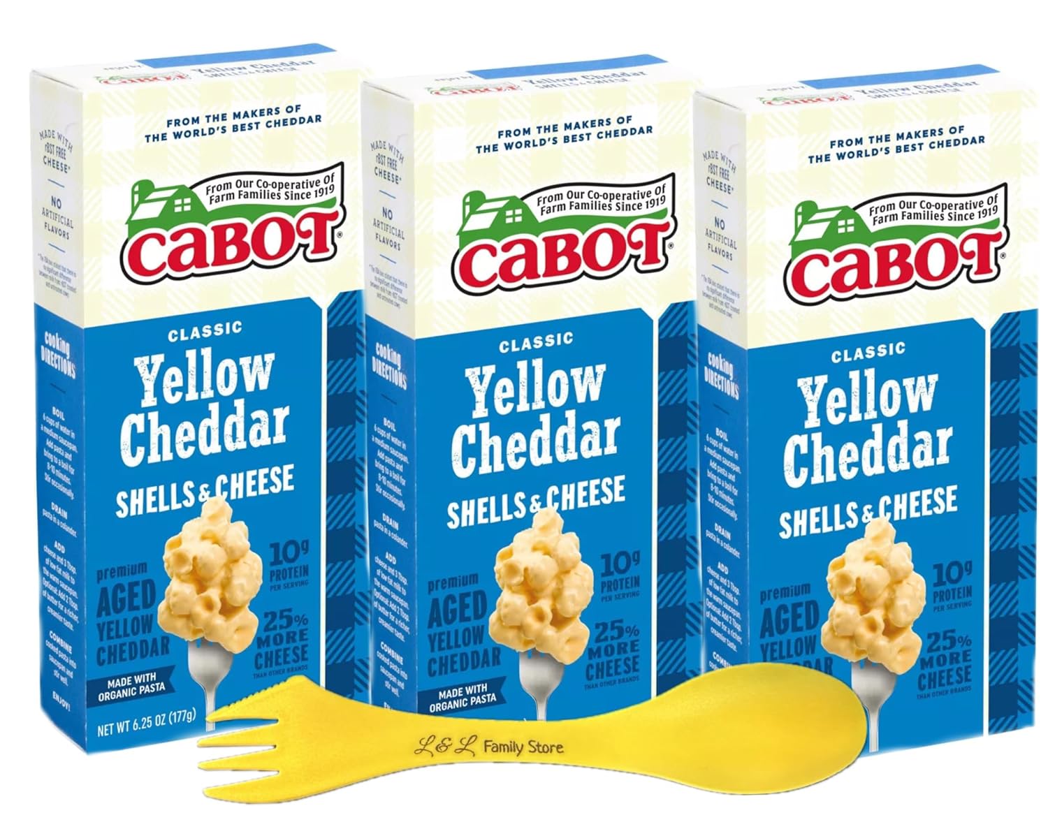 3 unidades de conchas de cabot y macarrones y queso cheddar añejados de primera calidad  Sabor clásico de cheddar amarillo  Cheddar envejecido y