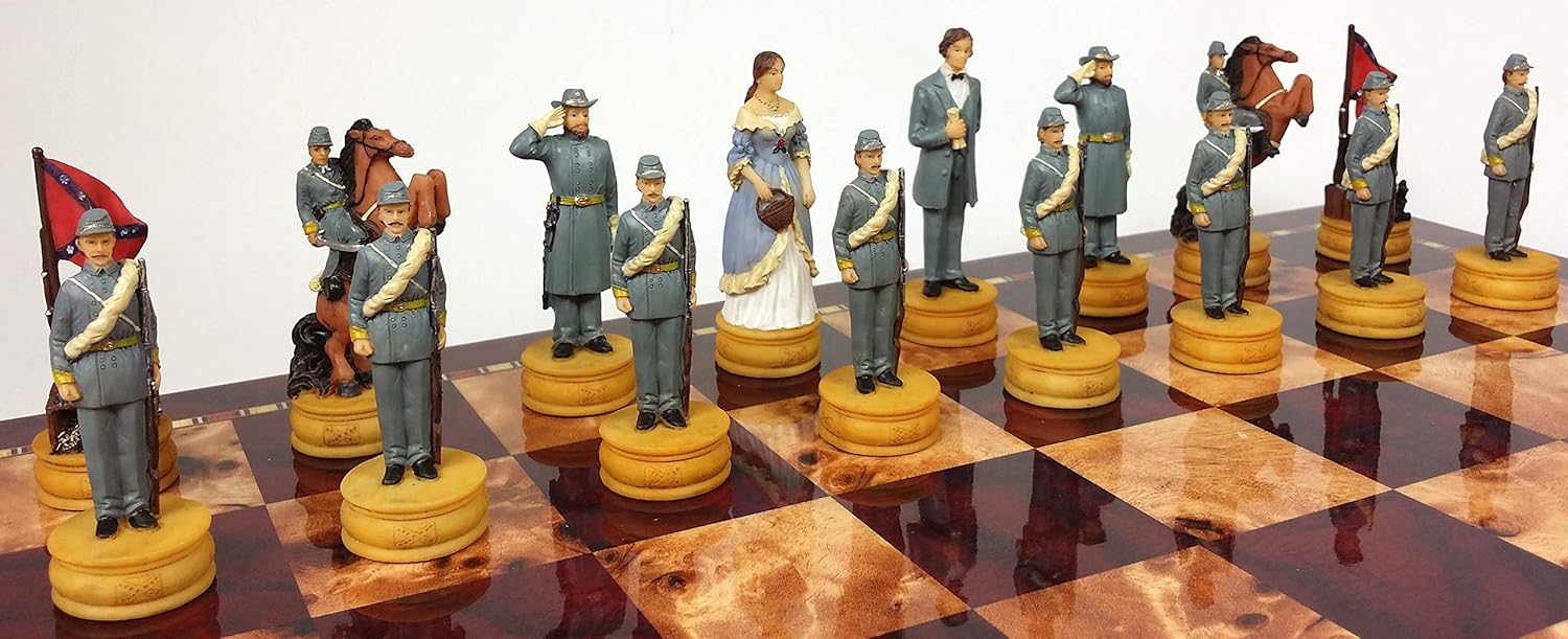 Juego de ajedrez de reinas de la guerra civil estadounidense con tablero de almacenamiento de color cereza y Burlwood de 17 pulgadas de alto brillo