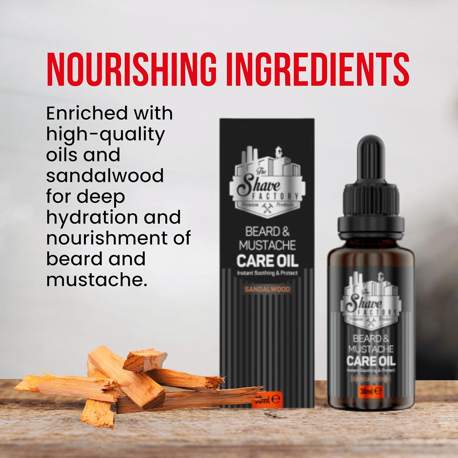 the shave factory Aceite para el cuidado de barba y bigote con sándalo, producto para peluqueros profesionales y entusiastas del afeitado y aseo