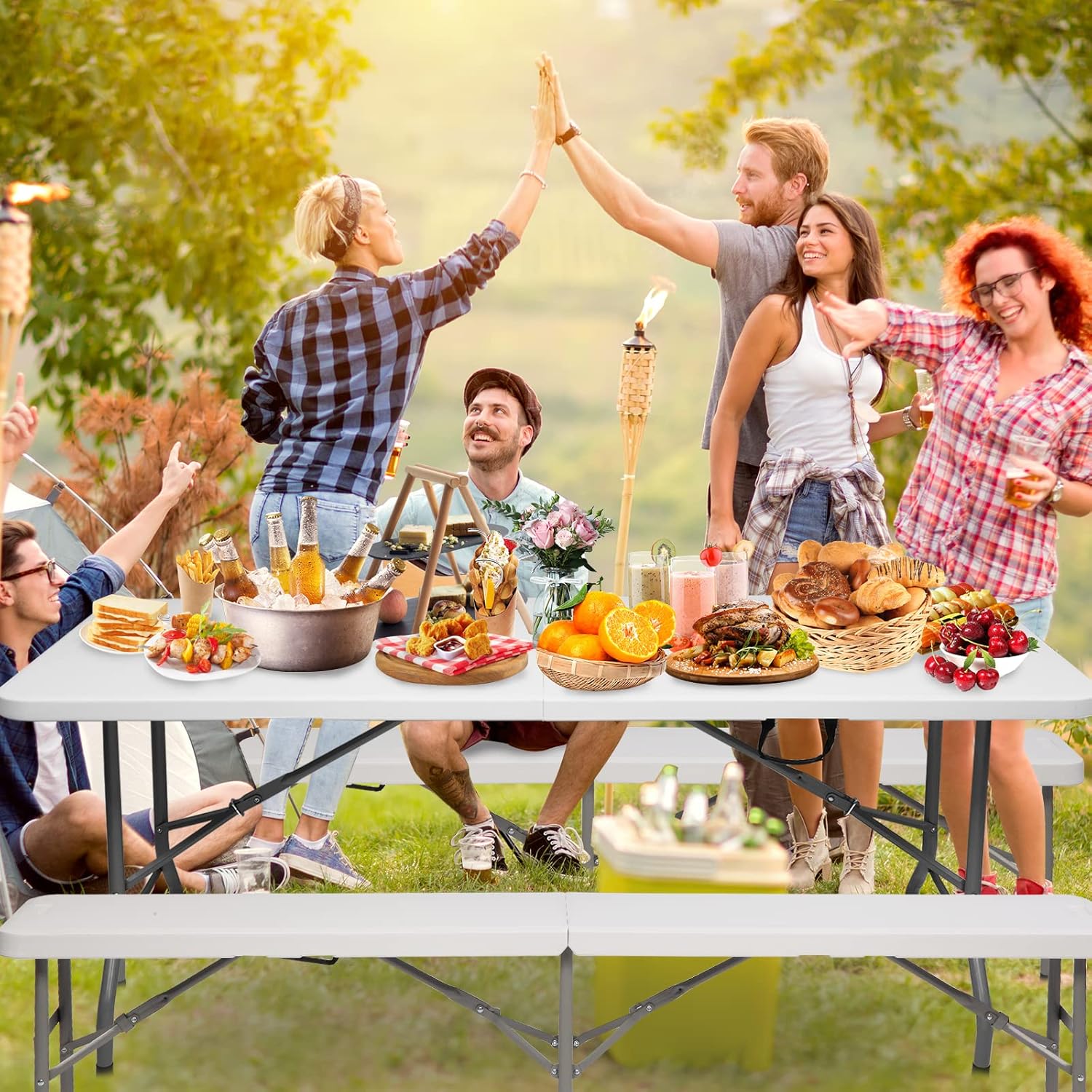 VINGLI Paquete de 4 asientos plegables portátiles de plástico de 6 pies, banco plegable para deportes, fútbol asiento plegable para picnic, fiesta,