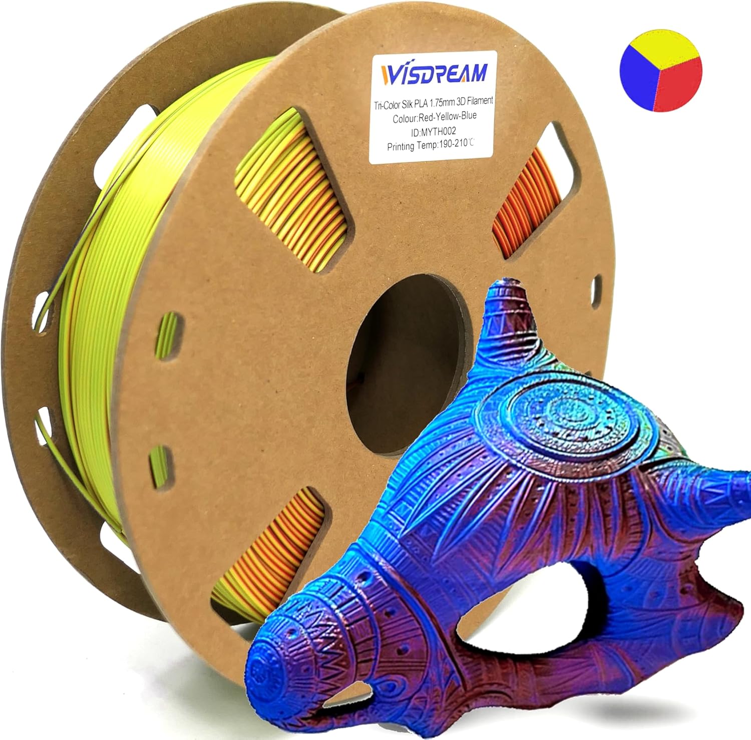 Filamento de impresora PLA 3D de coextrusión tricolor de seda rojo-amarillo-azul de 0.069 pulgadas, 2.2 libras, se adapta a la mayoría de impresoras