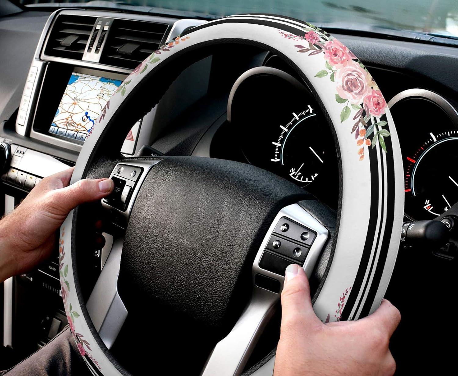 Car Steering Wheel Cover, Florals Black White Stripes Flower Elastic Stretch Sponge Steering Wheels Protective Cover for Vehicles Trucks SUVs