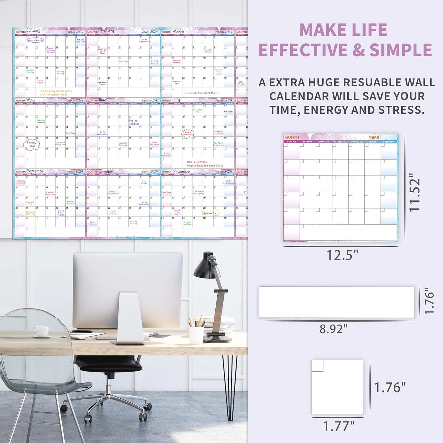 Calendario grande de borrado en seco para pared, calendario anual de pared de borrado en seco, 58 x 37 pulgadas, planificador de calendario en