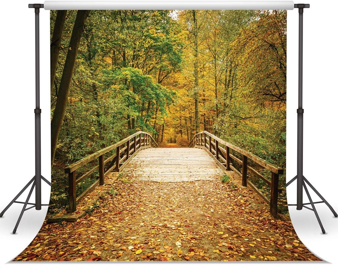 LYWYGG Fondo de otoño de 10 x 10 pies, hojas amarillas, paisaje de otoño, fondos de fotografía de fondo de puente caducifolio, fondos de estudio