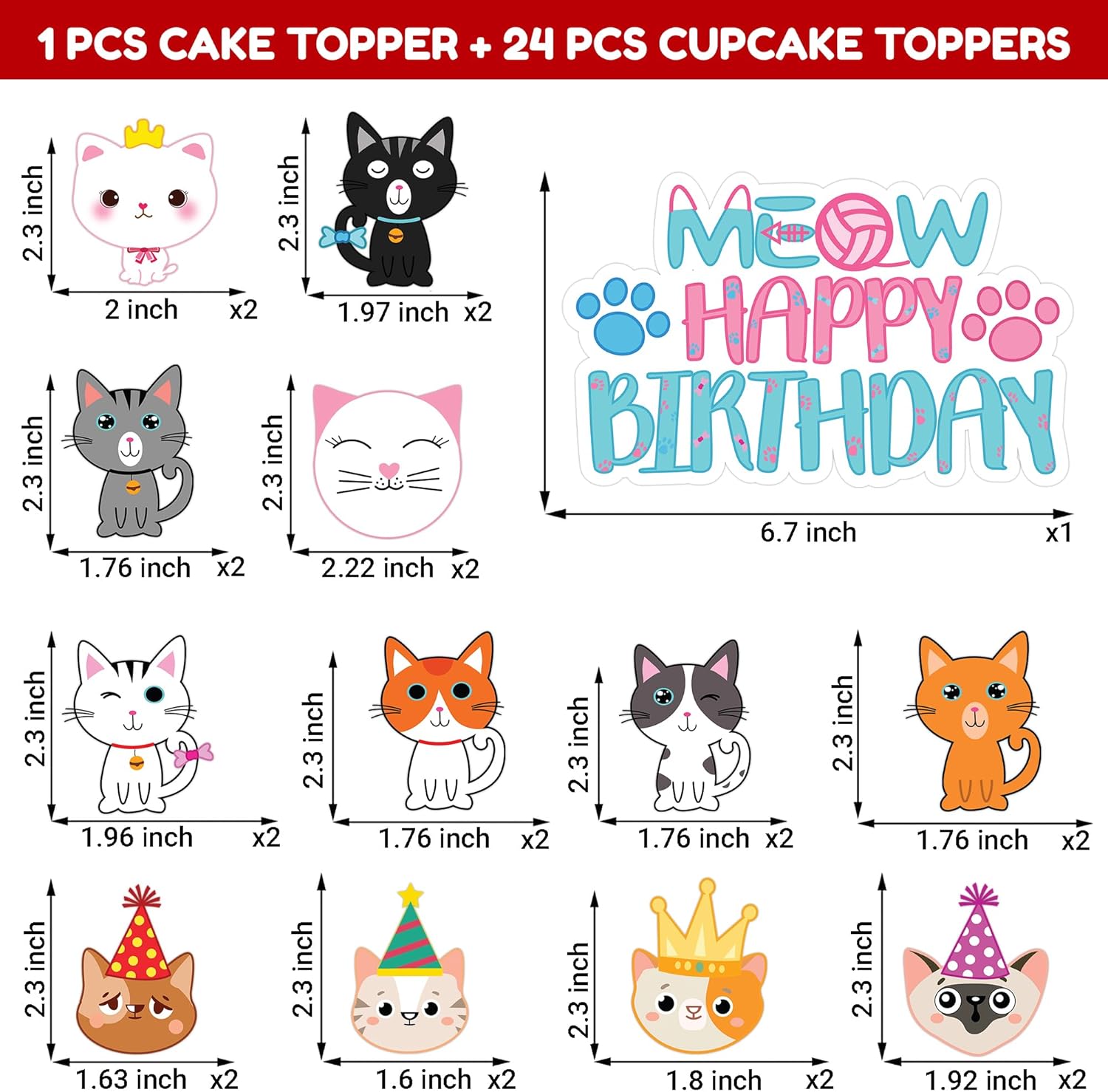 25 piezas de decoración de pastel de cumpleaños con temática de gatos y gatos, suministros de fiesta, regalos de decoración para niñas, niños,