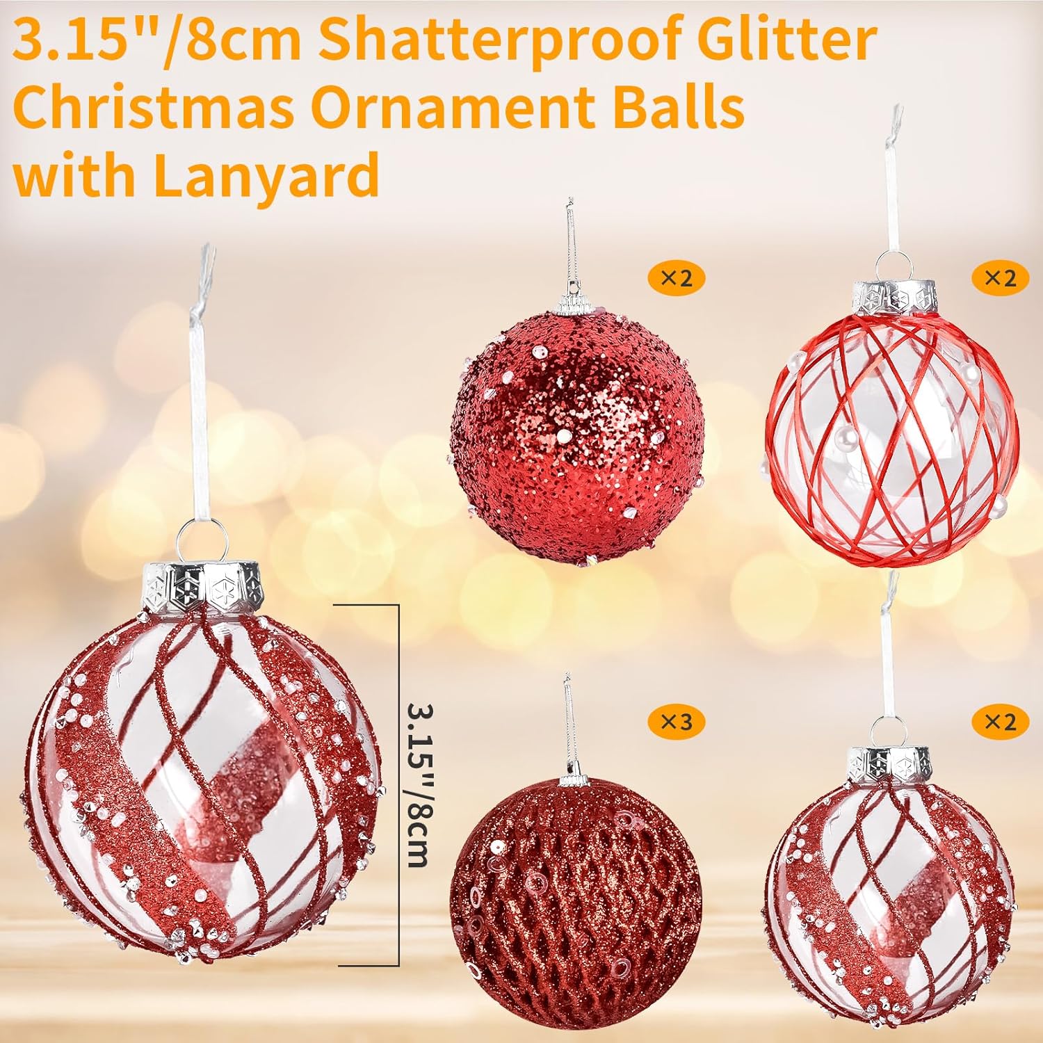 Bolas de 3.15 pulgadas para árbol de Navidad, juego de bolas de Navidad inastillables con purpurina, 9 piezas de bolas de plástico para colgar