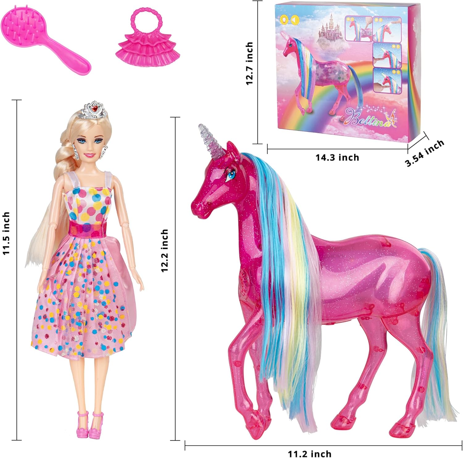 BETTINA Juego de muñecas grandes de unicornio y princesa con luces y sonidos, juguetes mágicos de unicornio, muñecas de 11.5 pulgadas, juego de