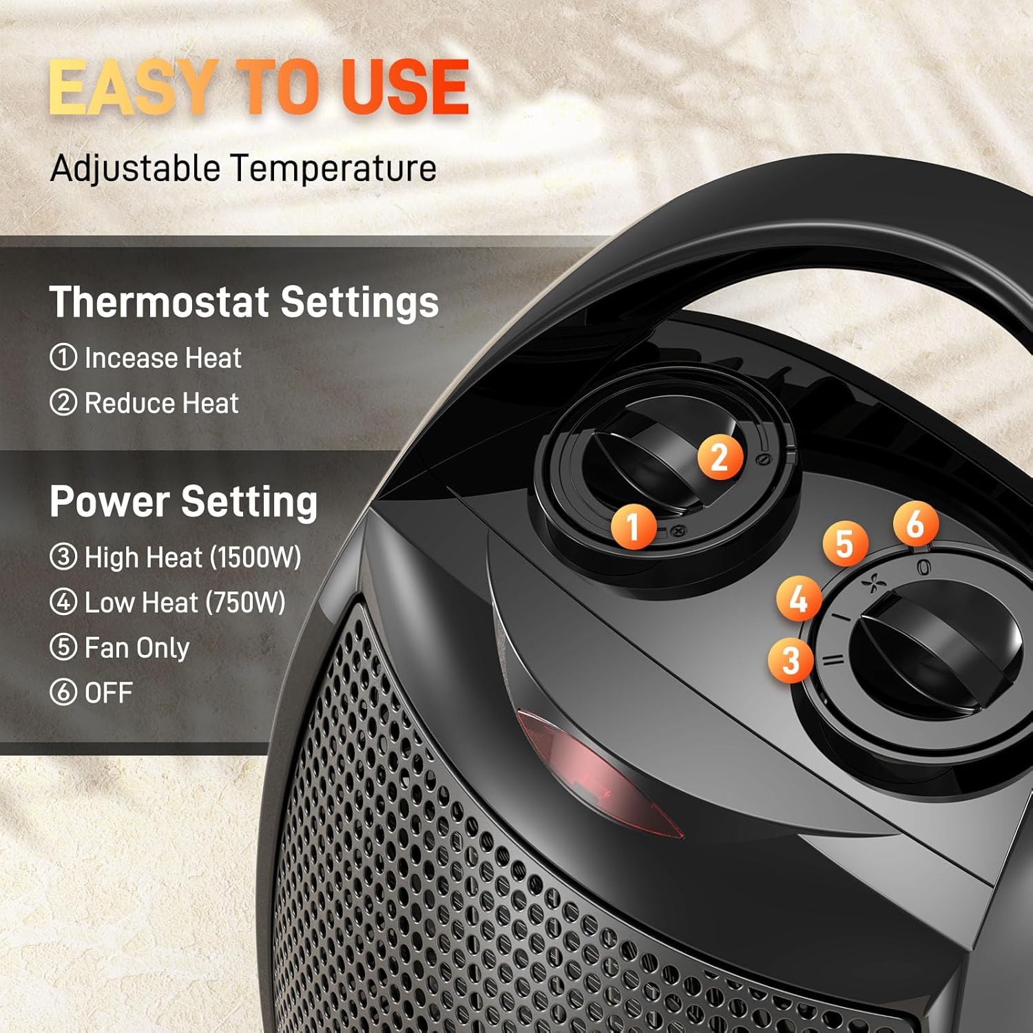 Rintuf Calentador de espacio pequeño, calentador eléctrico de 1500 W, calentador de cerámica de calentamiento rápido PTC con 3 modos, termostato