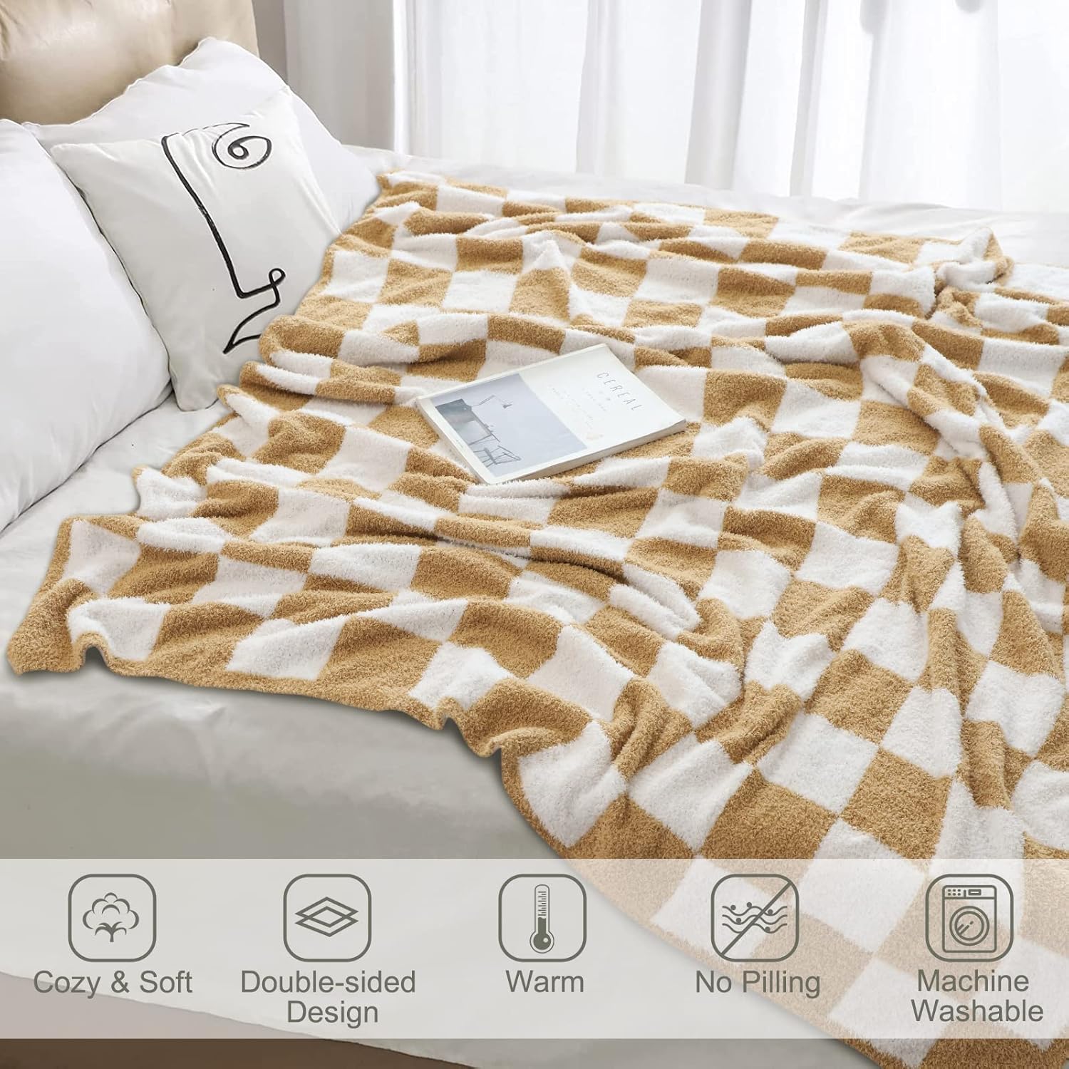 OTOSTAR Manta de punto de microfibra suave y cálida, acogedora manta reversible de tablero de ajedrez para sofá, manta ligera y cómoda de felpa