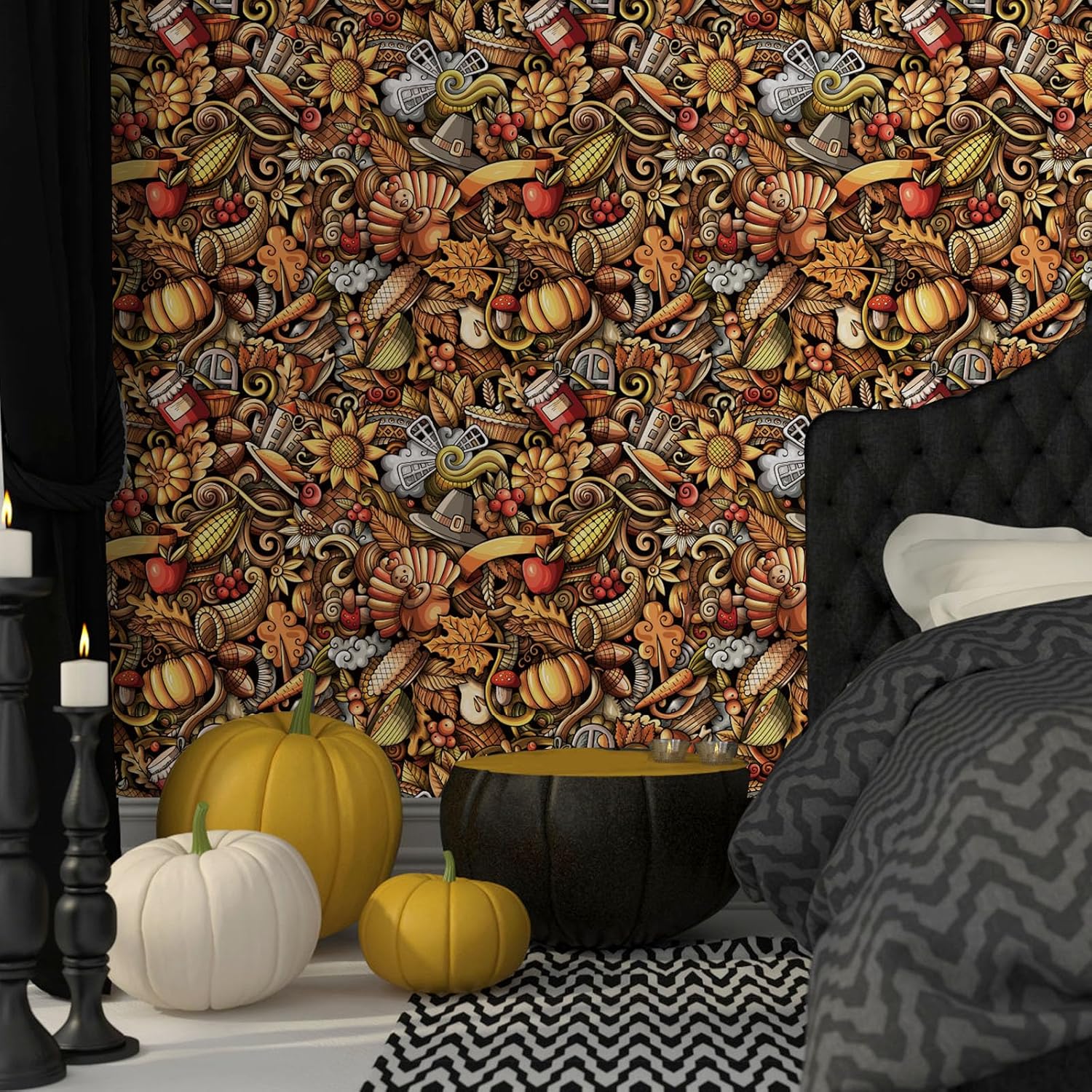 SinFung Home Papel tapiz para despegar y pegar, estilo bohemio, marrón, Día de Acción de Gracias, retro, decoración de pared para baño, mural