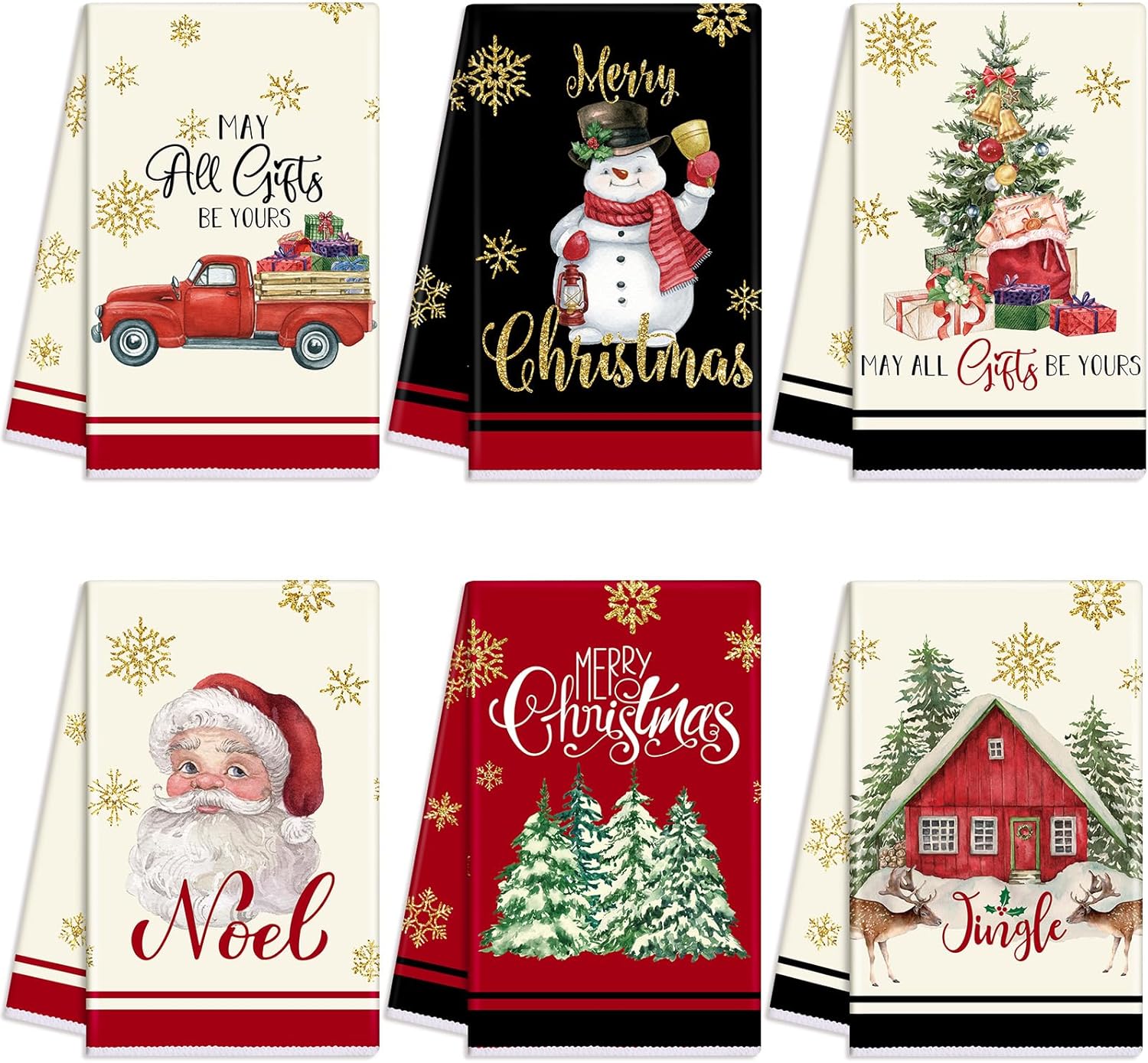 Oudain Juego de 6 toallas de cocina y paños de cocina de Navidad, Papá Noel, muñeco de nieve, camión, árbol de Navidad, paños de cocina de invierno,
