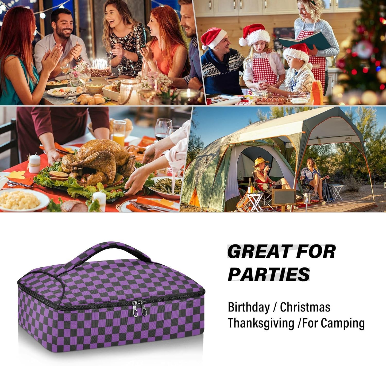 Kcldeci Bolsa aislante para cazuela de ajedrez, color negro y morado, para alimentos calientes o fríos, bolsa térmica para picnic, cocinas, beac