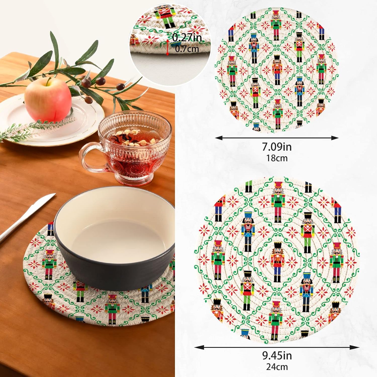 Juego de 2 soportes para ollas de cocina de soldado de Navidad, juego de salvamanteles de Navidad, 100% algodón, tejido de hilo redondo,