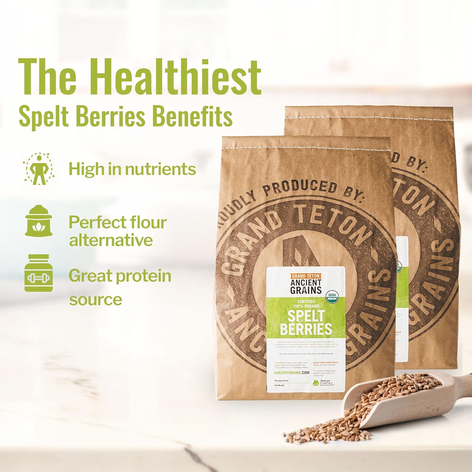 Grand Teton Ancient Grains – Bayas de espelta 100% orgánicas, bayas enteras de espelta sin moler, grano orgánico Farro cultivado en Estados Unidos,