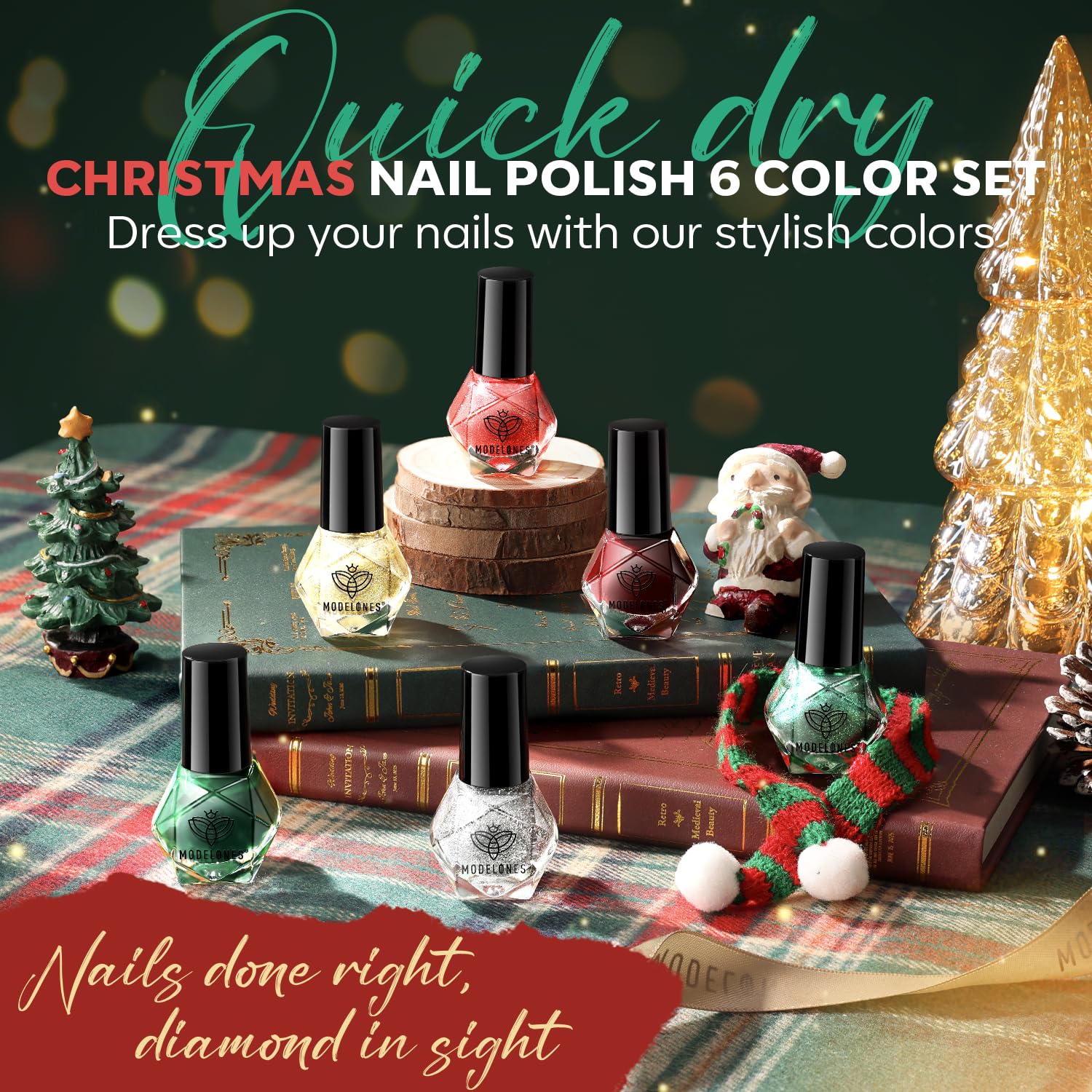 modelones Juego de esmaltes de uñas de Navidad, 6 colores, rojo y verde, con purpurina, juego de esmalte de uñas dorado y plateado, kit de esmalte