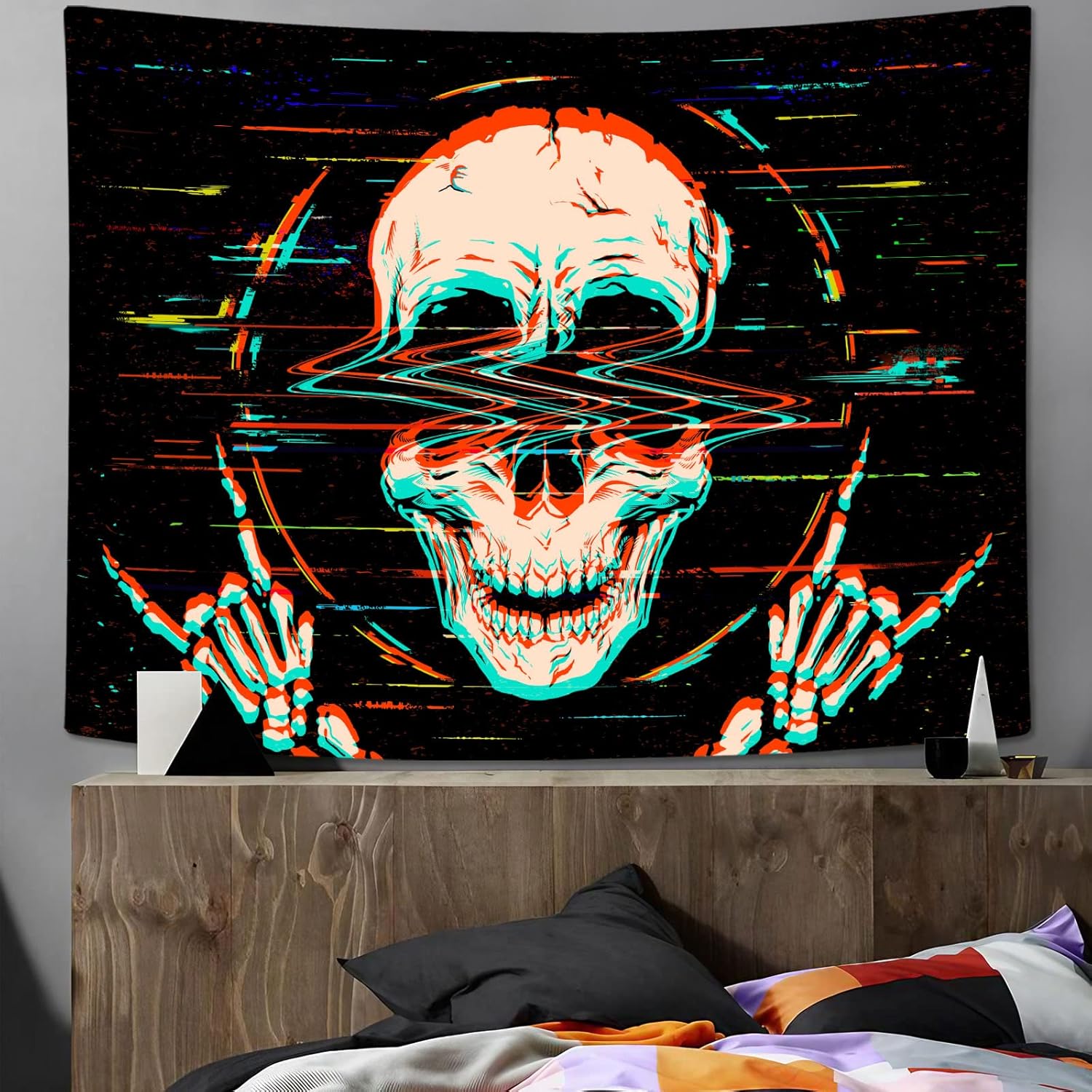 Faxdong Tapiz de calavera con luz negra, tapiz de esqueleto hippie reactivo a los rayos UV, tapiz de roca y rollo para decoración de dormitorio, 36