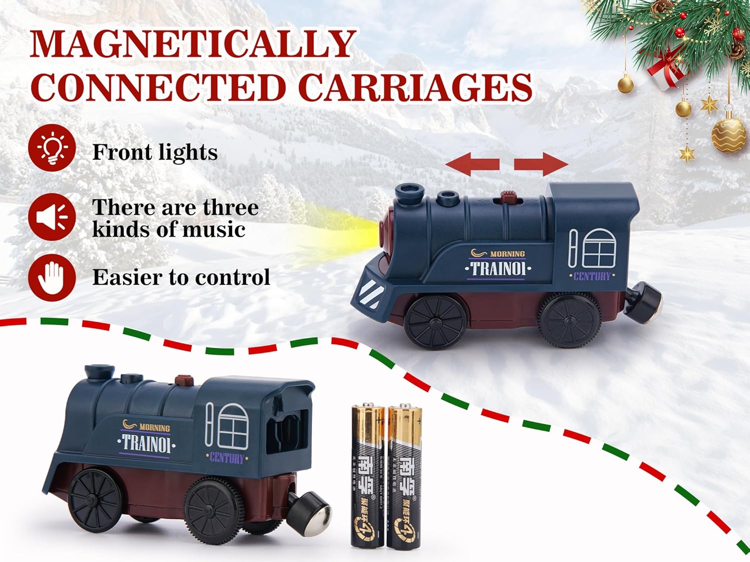 Tren a pilas para pista de tren de madera, tren motorizado con locomotora eléctrica magnética con luz y sonido para niños pequeños y niñas de 3 a 5